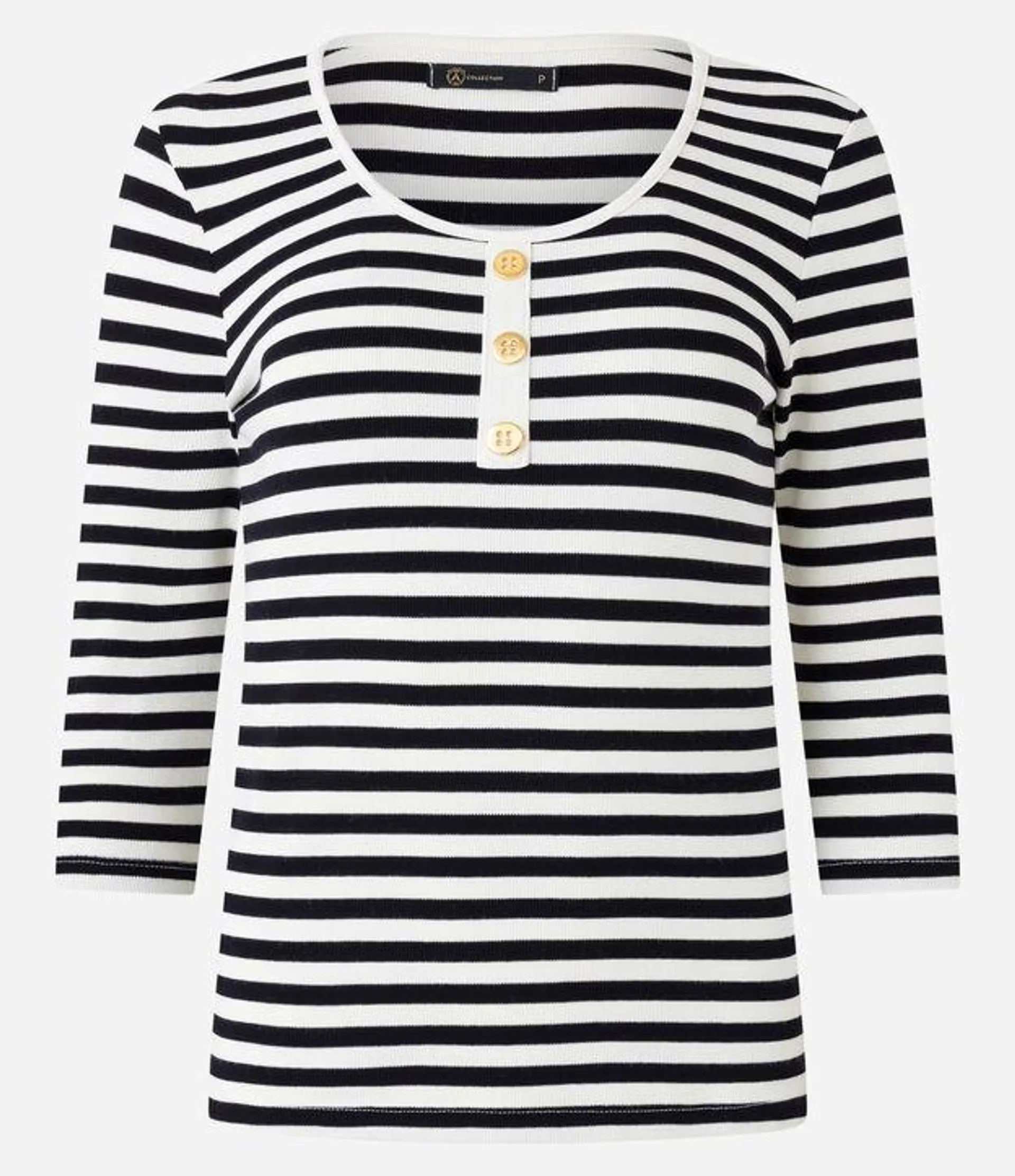 Blusa em Ribana com Abotoamento e Estampa Listras Preto/ Branco