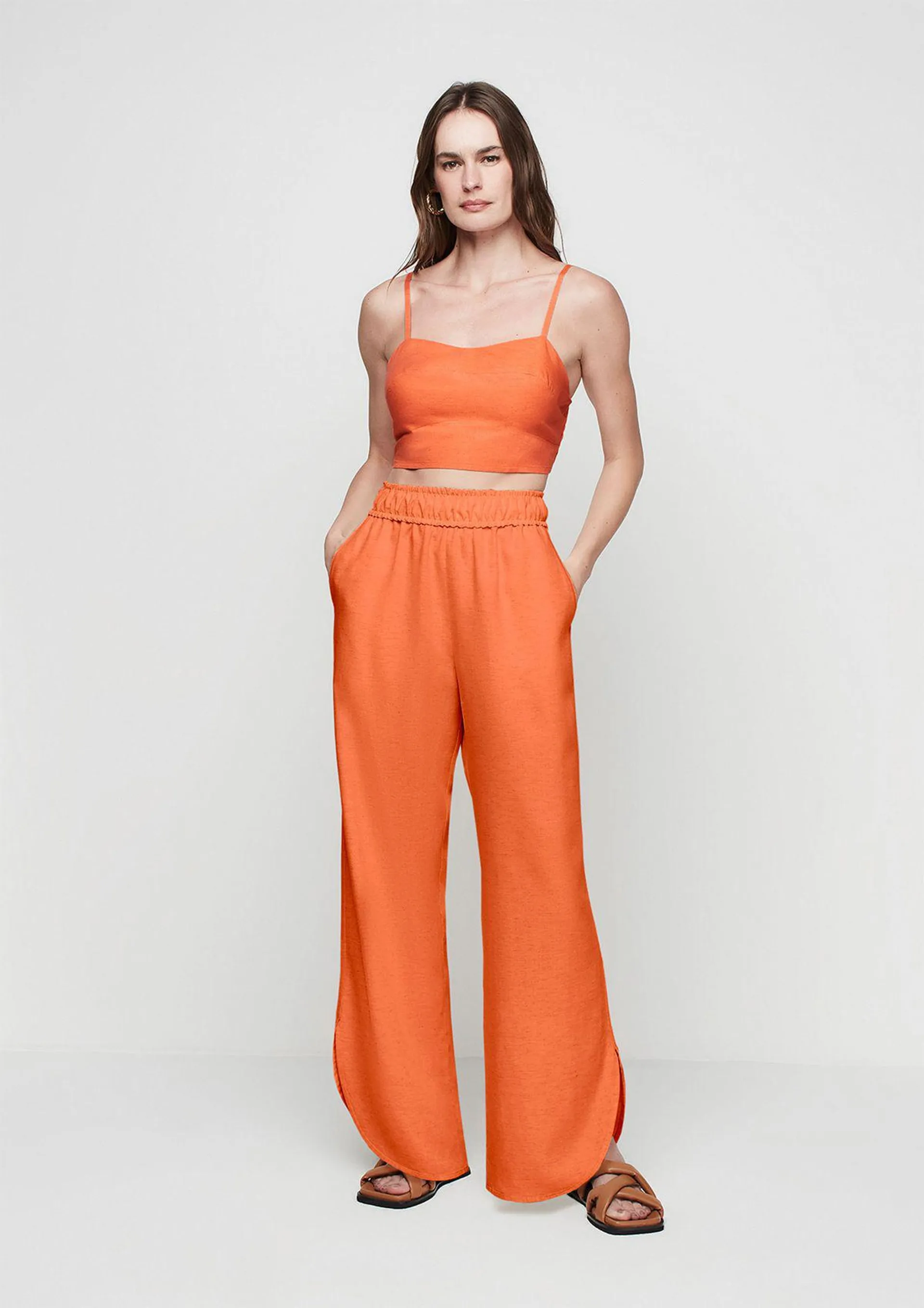 Calça Wide Leg Cintura Alta Com Linho - Laranja