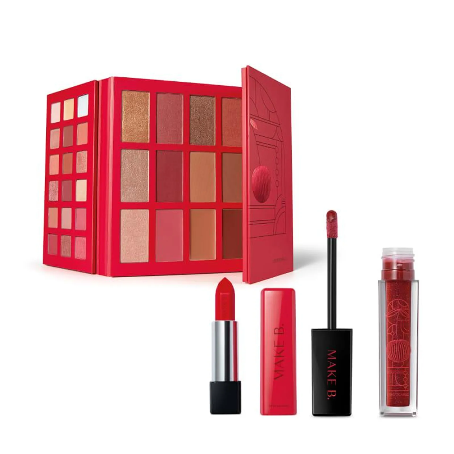 Combo Make B. Cereja Rouge: Paleta Mulfuncional 73,8g + Batom Vermelho 3,6g + Gloss Labial Vermelho 5ml