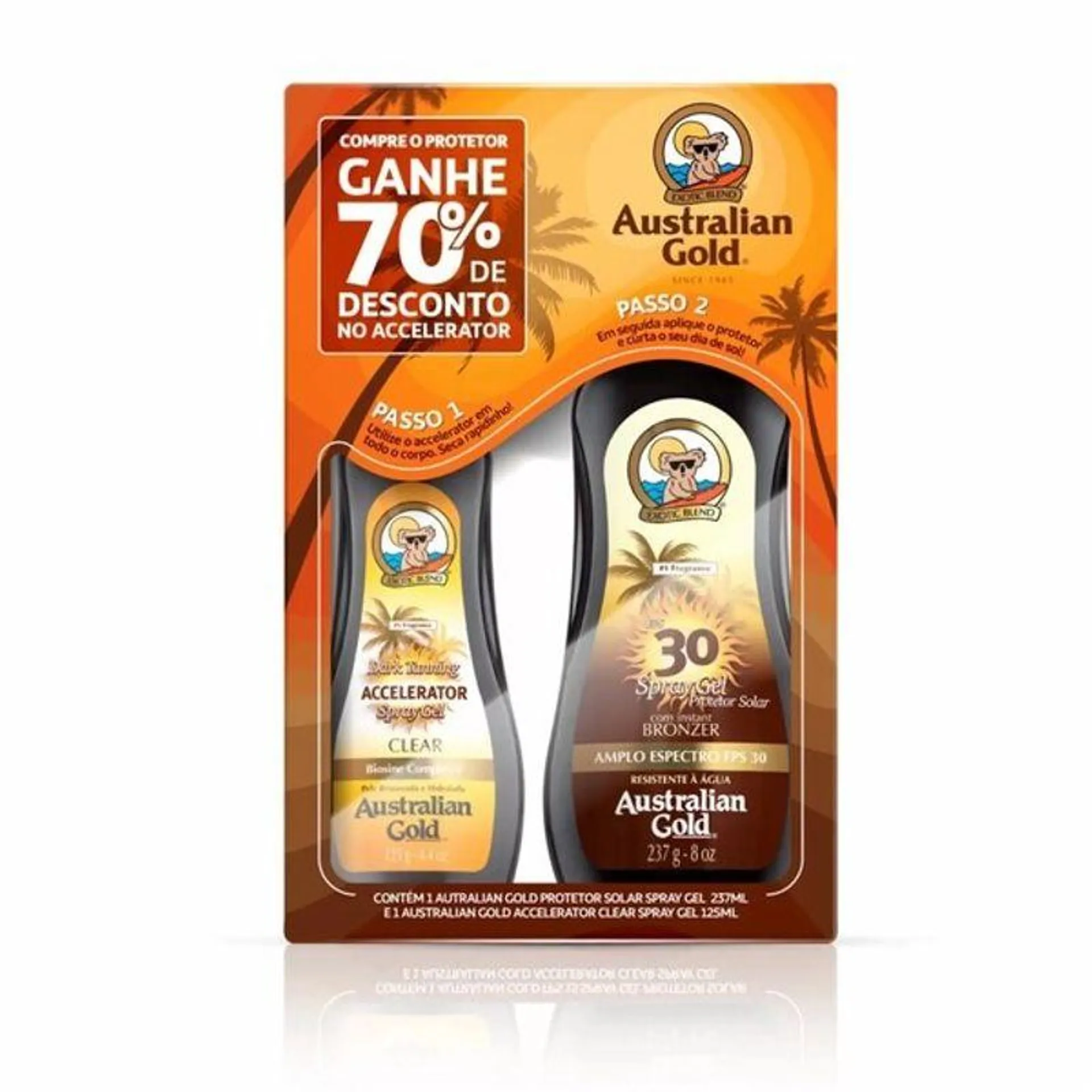 Kit Australian Gold Protetor Solar Bronzer FPS30 275ml + Acelerador de Bronzeado 125ml