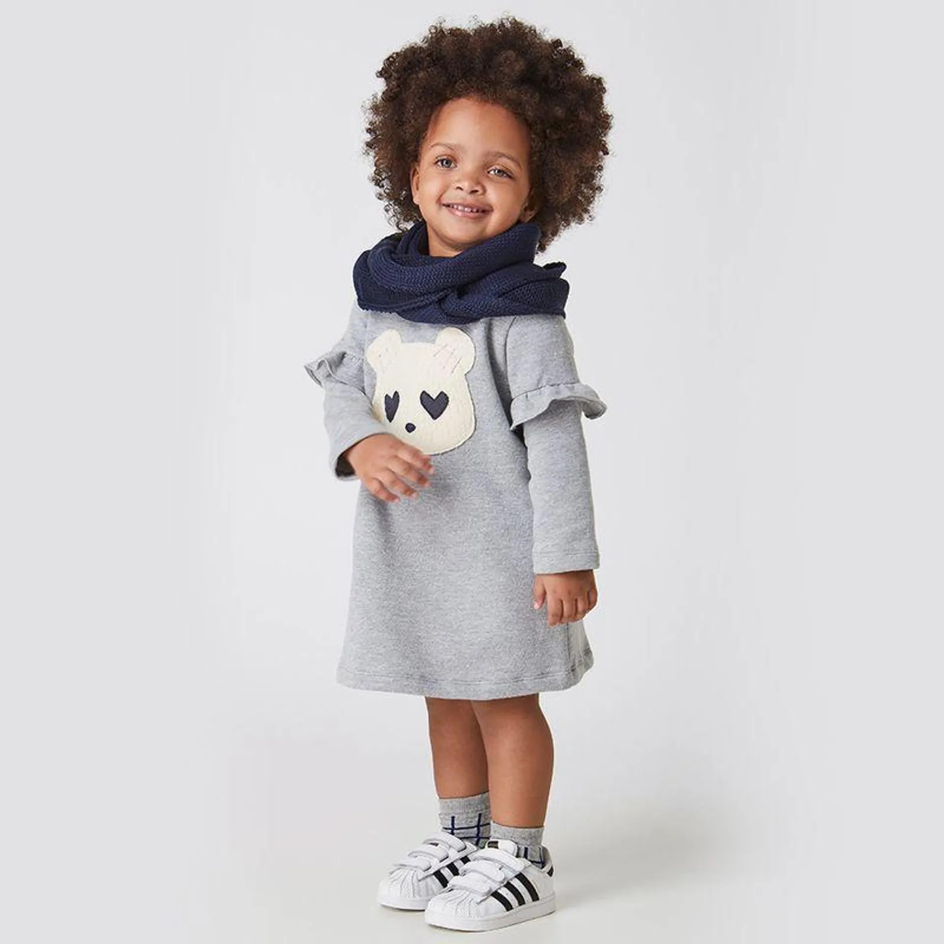 Vestido Toddler Sweet Bear Cinza Manga Longa