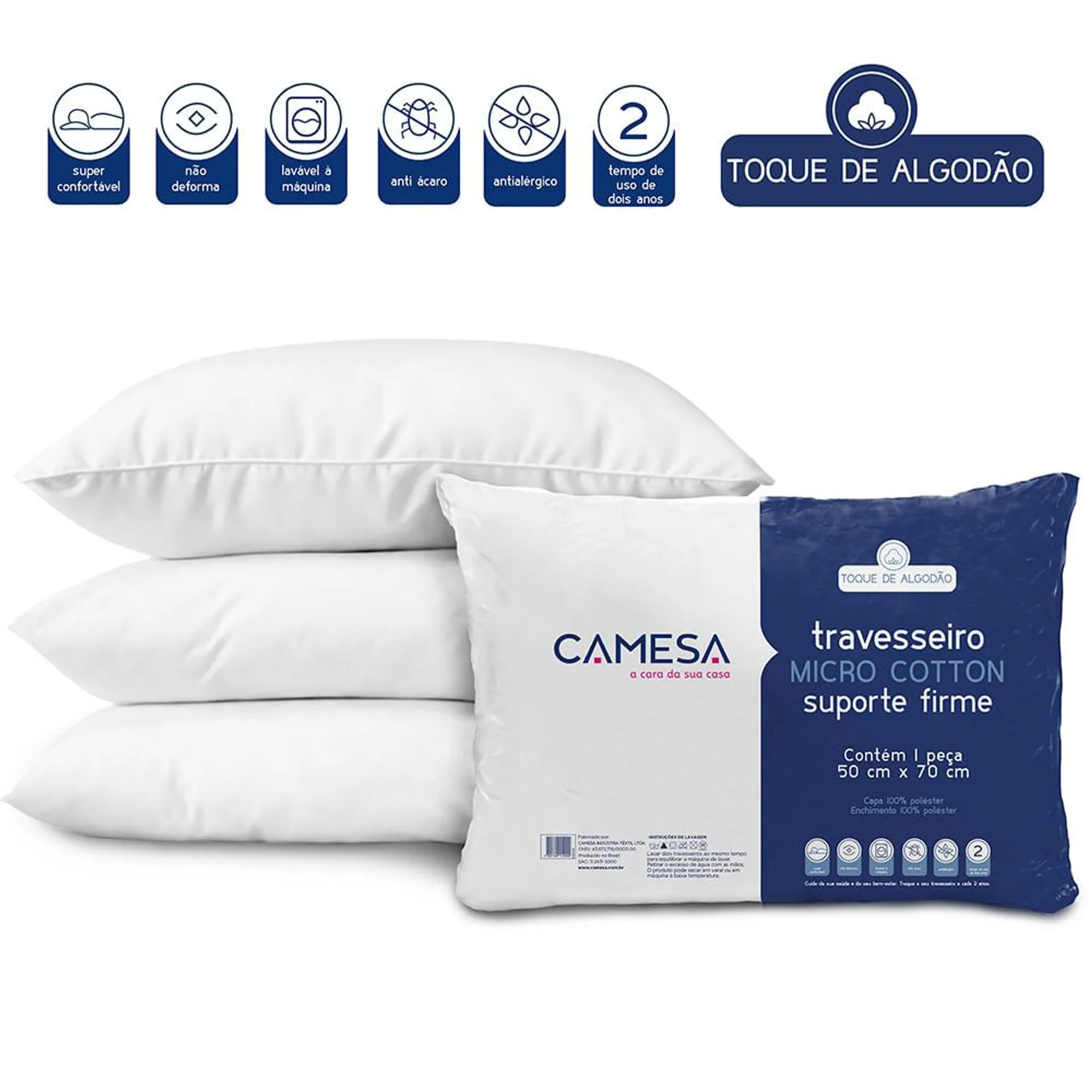 Travesseiro Micro Cotton 50x70cm Suporte Firme 102601509999 - Camesa