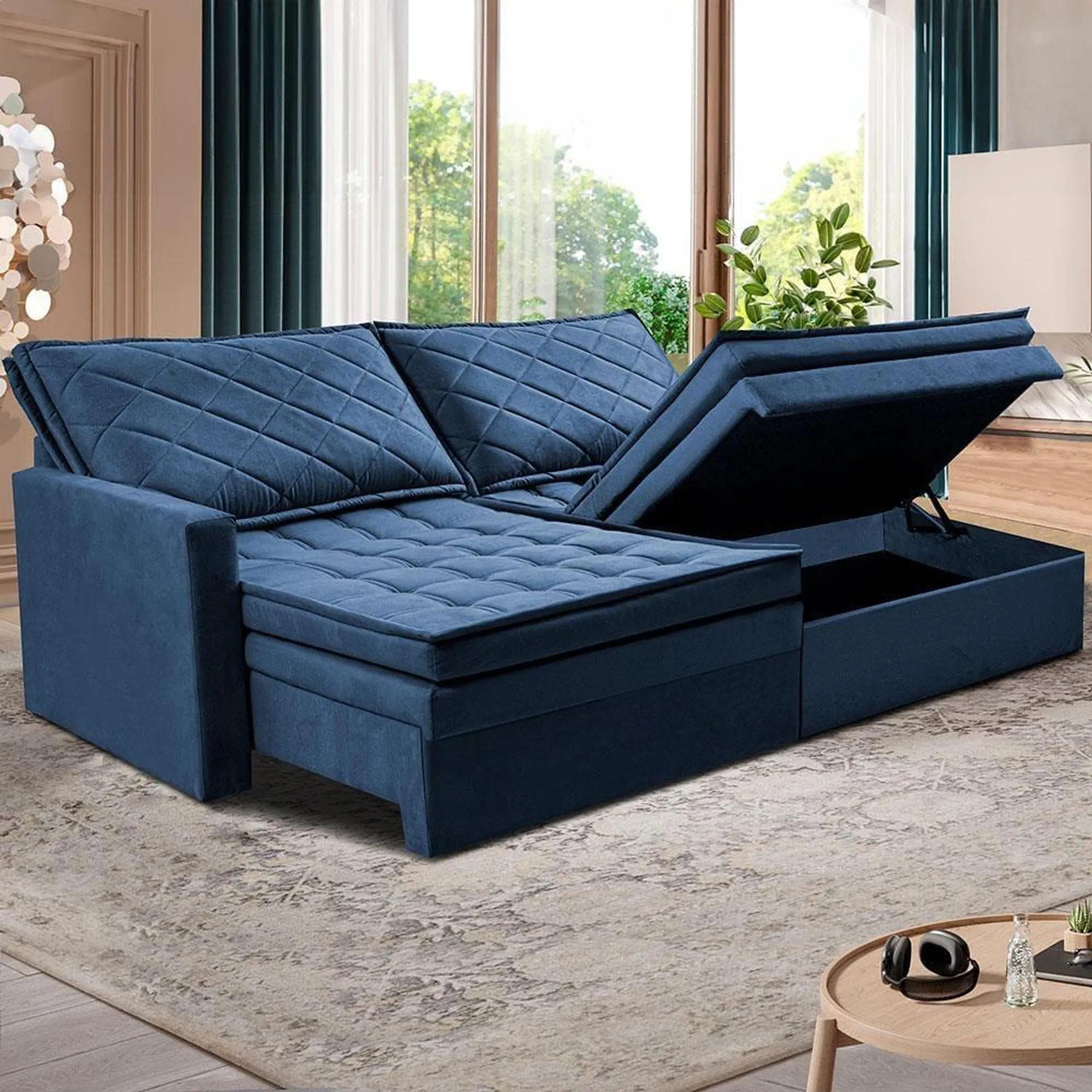 Sofá 3 Lugares Cama inBox Marselha com 180 cm de Largura, Retrátil, com Baú e Revestimento Suede Velusoft - Azul