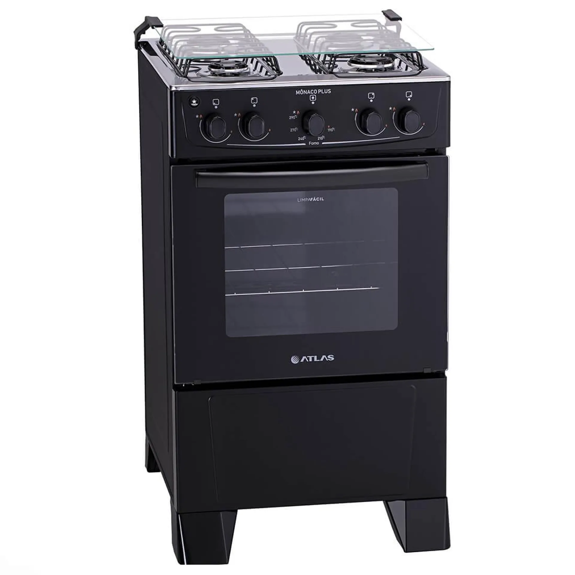 Fogão 4 Bocas Atlas de Piso Automático com Mesa Inox Forno 50L Limpa Fácil Monaco Plus