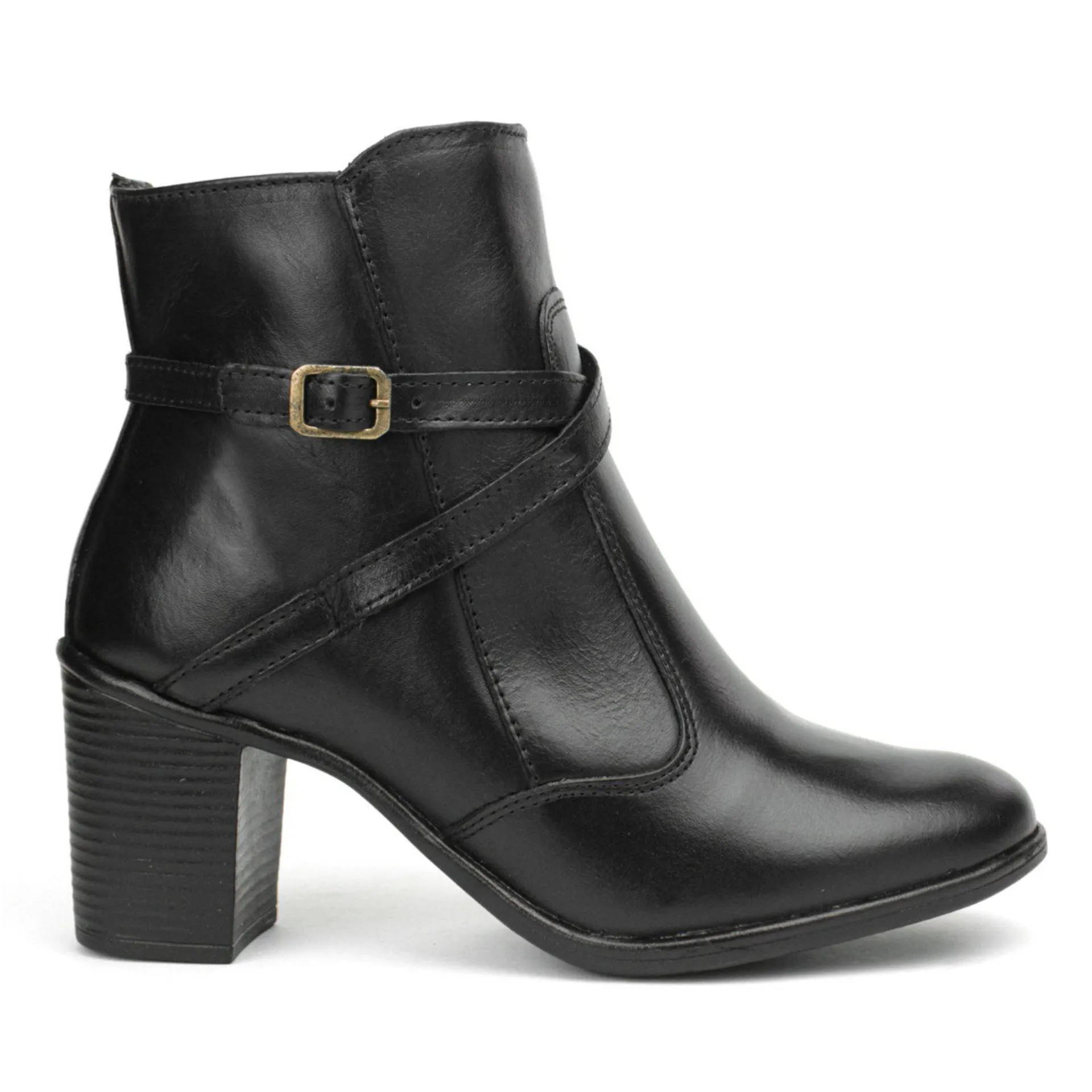 Bota Couro Feminina Cano Curto Salto Médio 7cm Bloco Fachete Tira Cruzada Fivela Preto