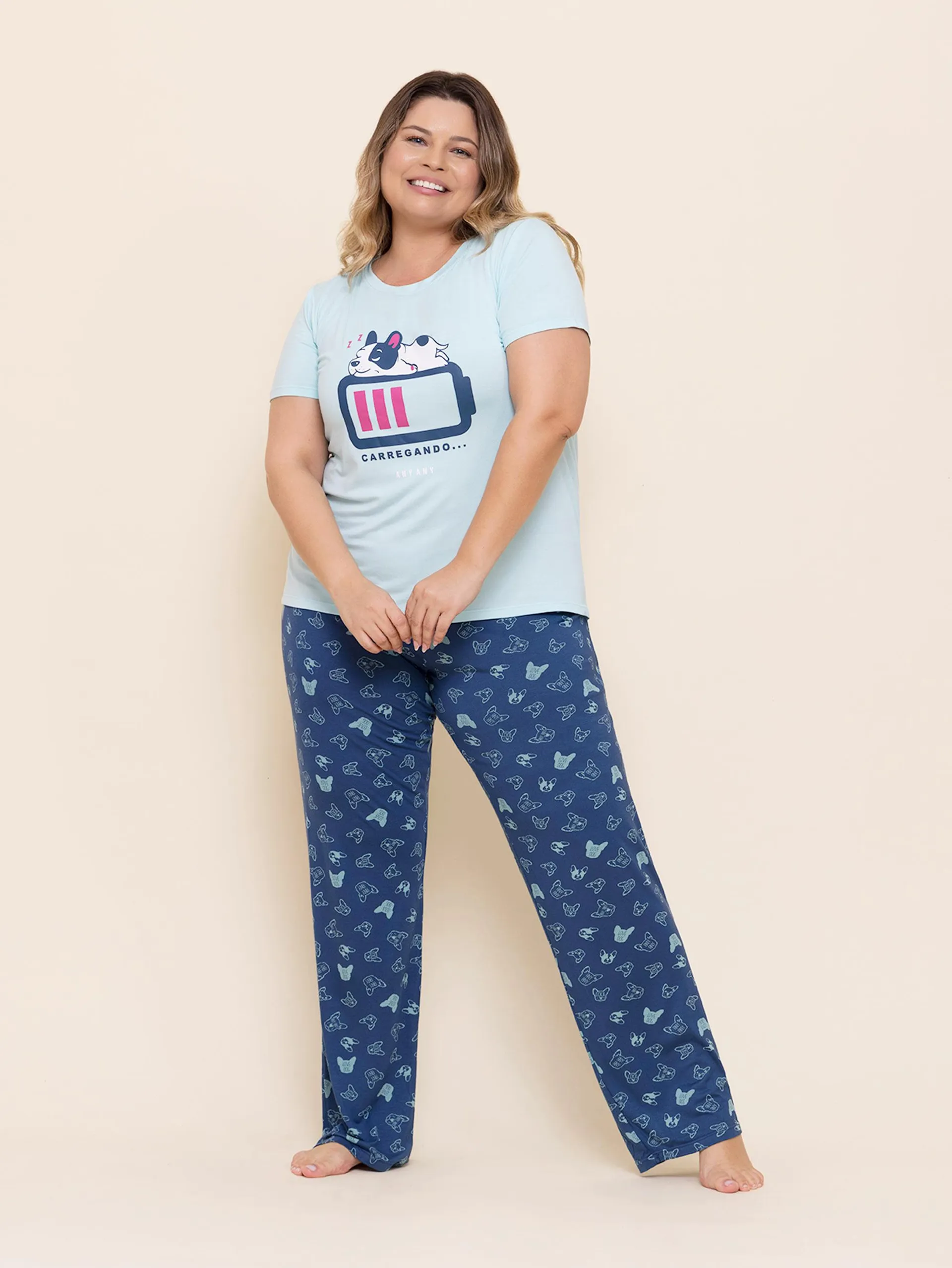 Pijama Feminino Plus Size Manga Curta Bulldog Blue