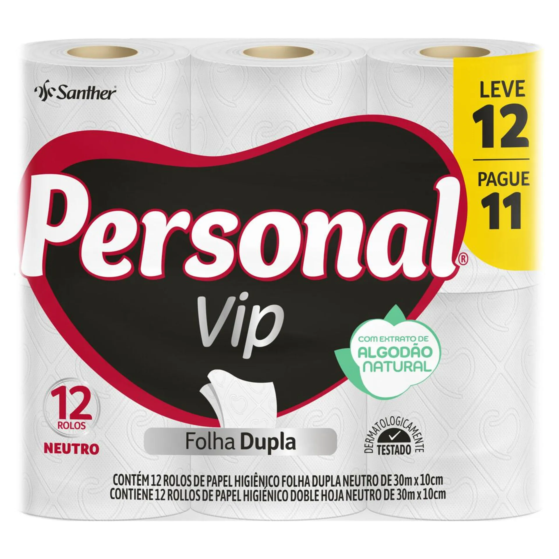 Papel Higiênico Personal Vip Folha Dupla Neutro com 12 rolos de 30 metros