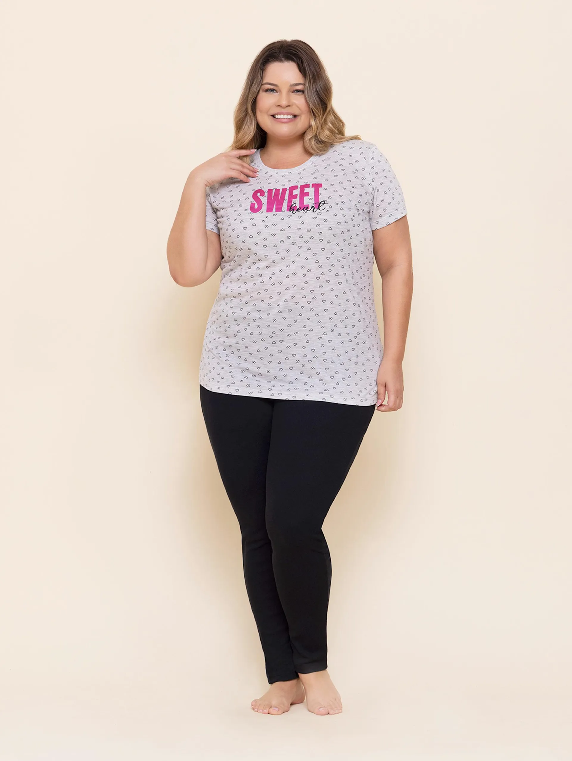 Pijama Feminino Plus Size Manga Curta Grey Heart