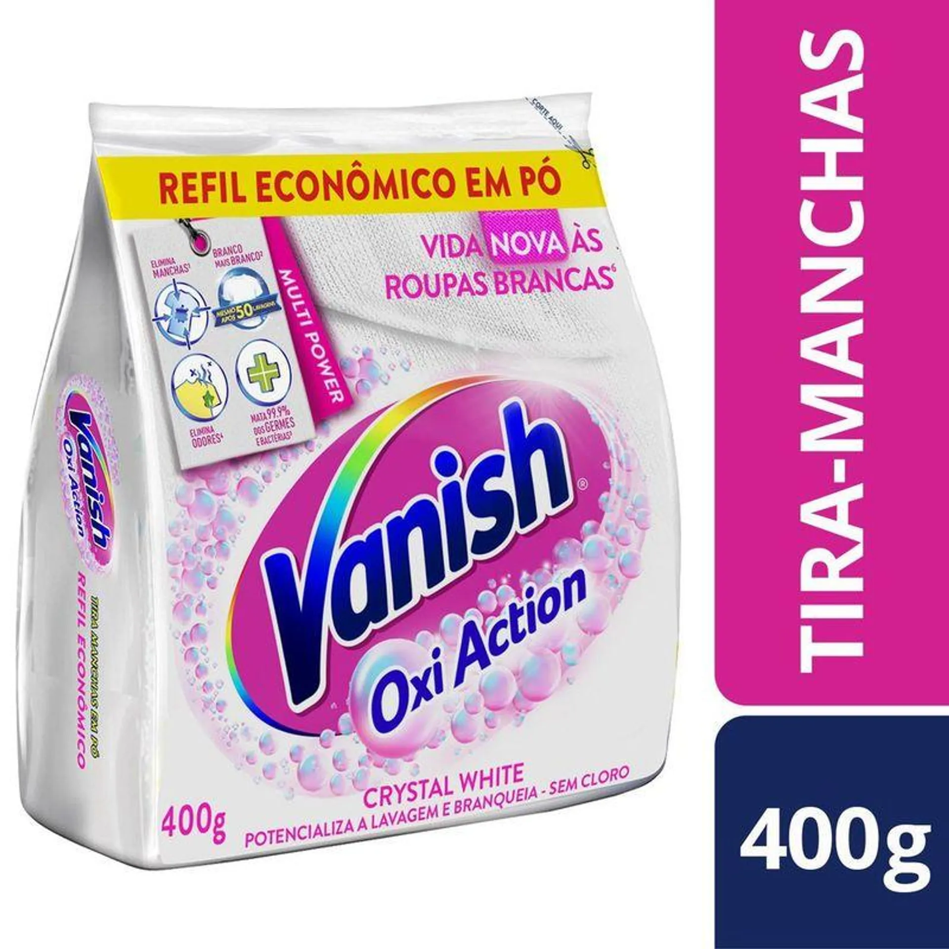 Tira-Manchas Pó Roupas Brancas Vanish Oxi Action Crystal White Pacote 400g Refil Econômico