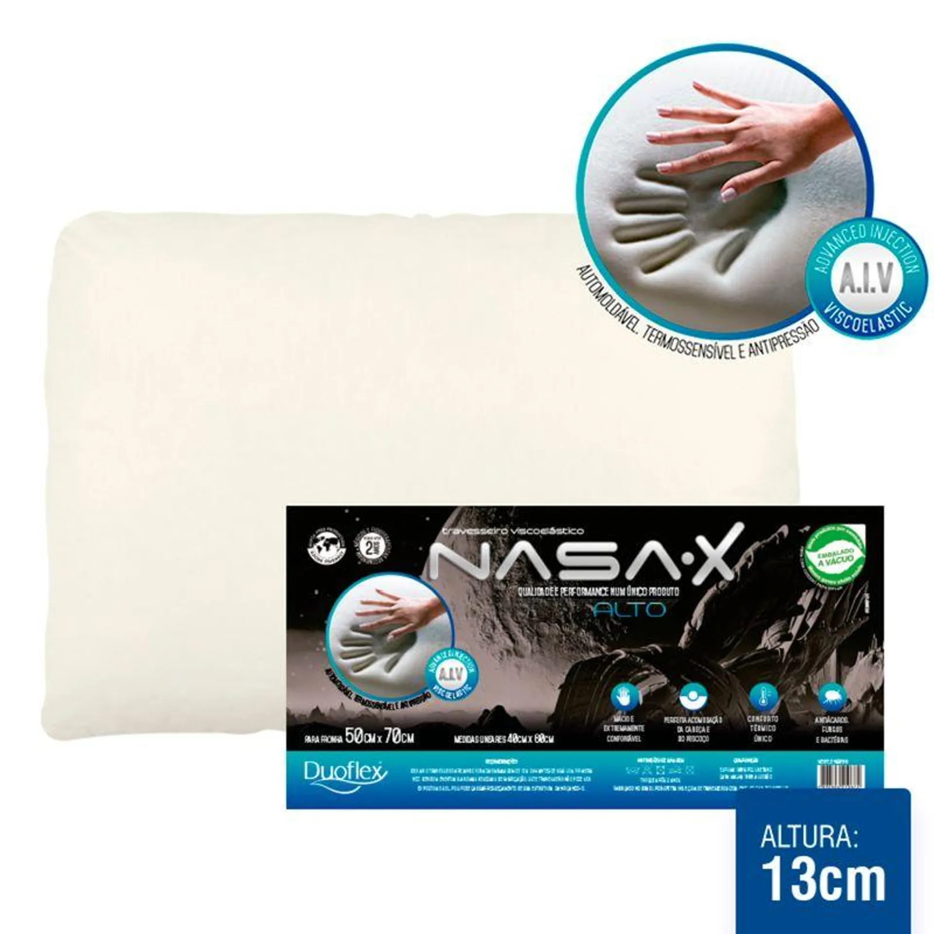 Travesseiro Viscoelástico Nasa Alto Bege 50x70x13cm NS3109 - Duoflex