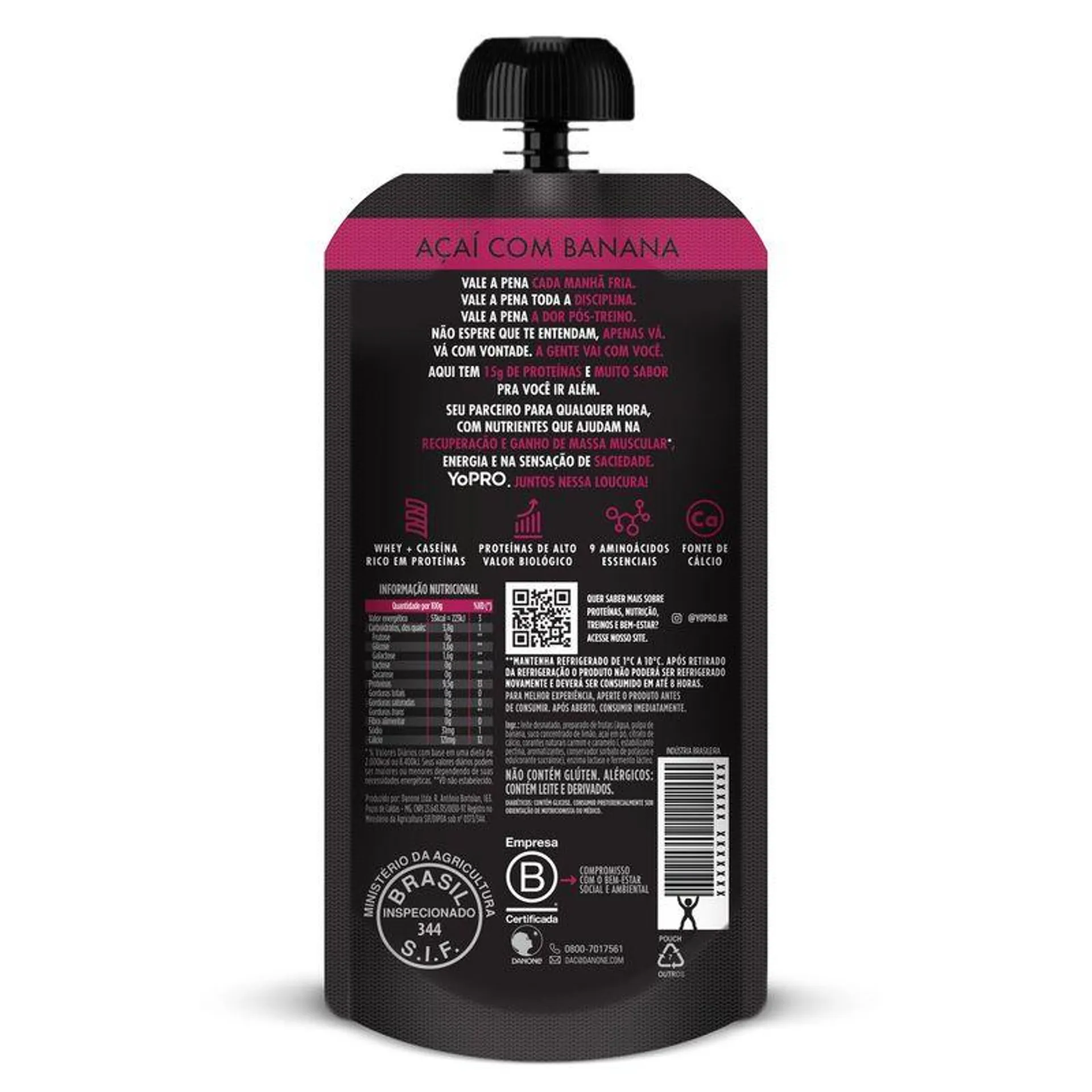 Iogurte Desnatado Yopro Açaí e Banana Zero Lactose Squeeze 160g