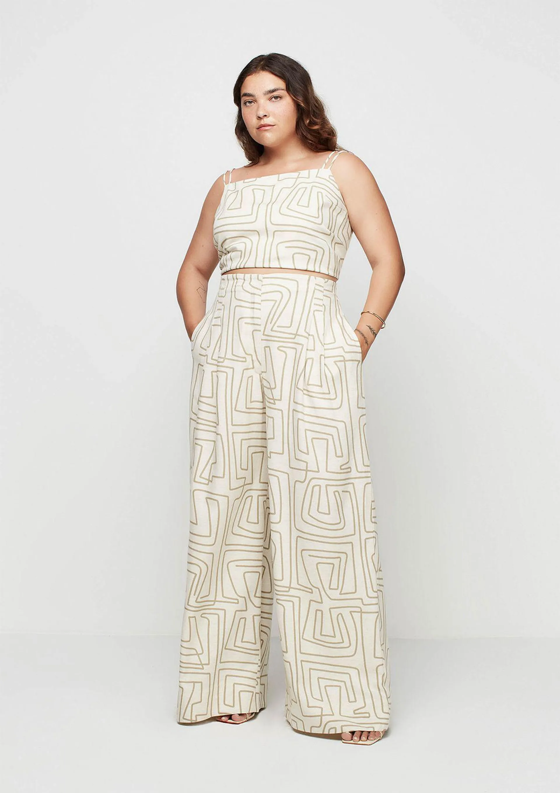 Calça Pantalona Cintura Alta Em Viscose - Bege