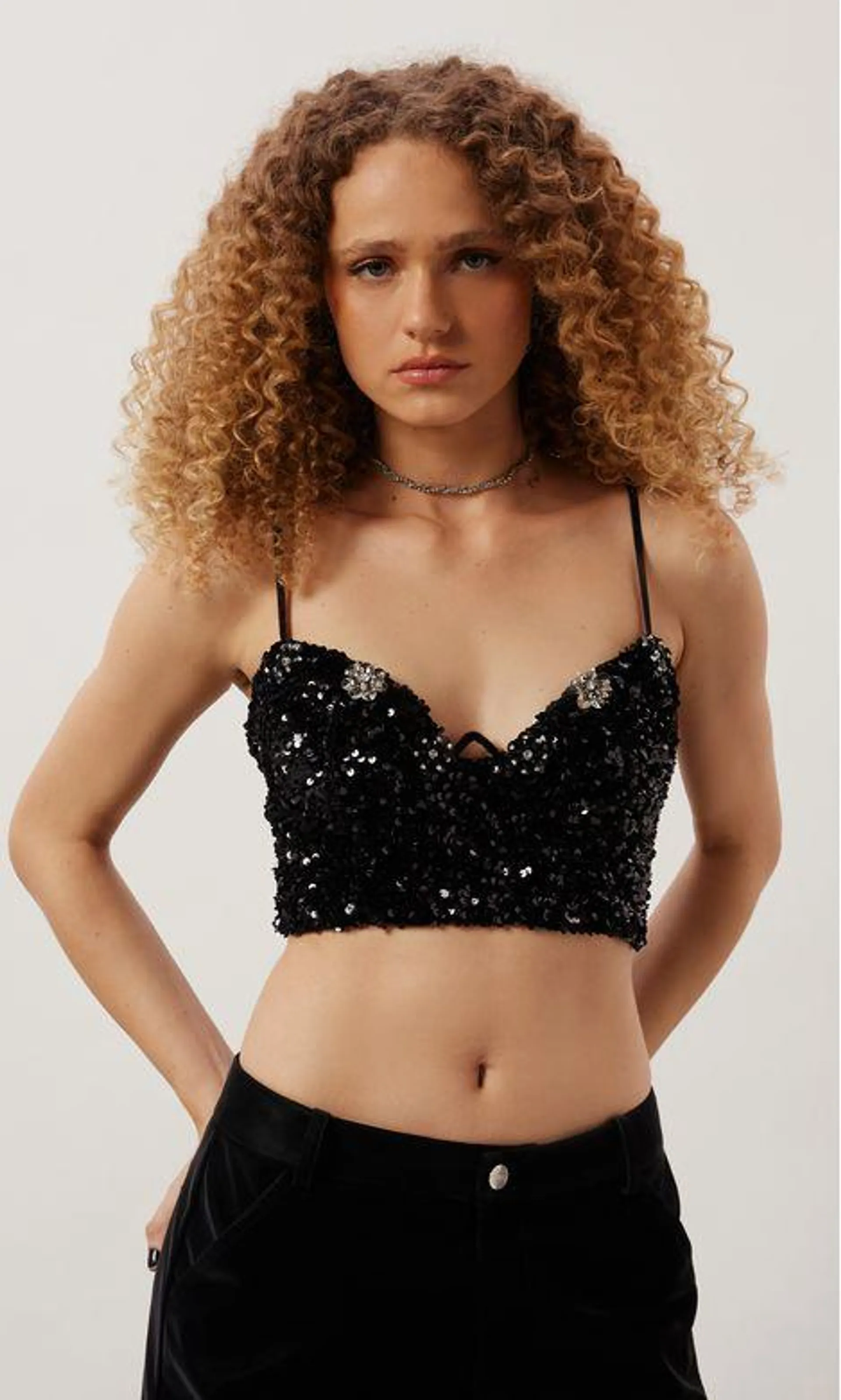 Cropped Corselet Meia Taça Paetê - Preto