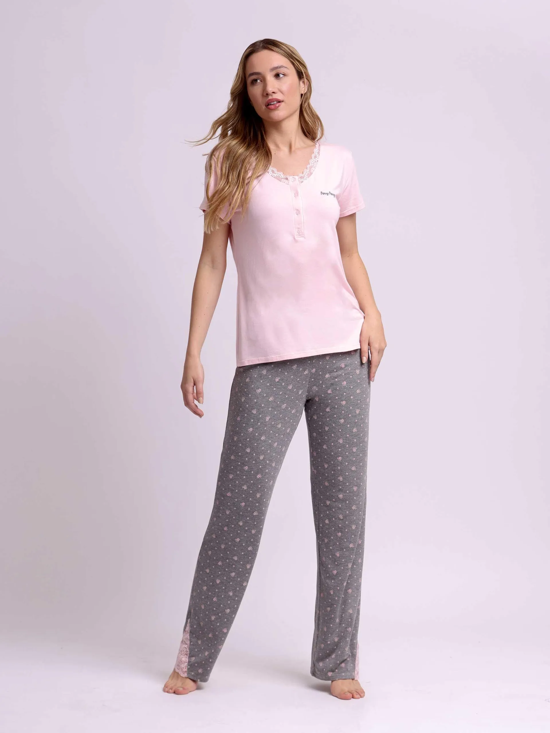 Pijama Feminino Longo Manga Curta Eloise