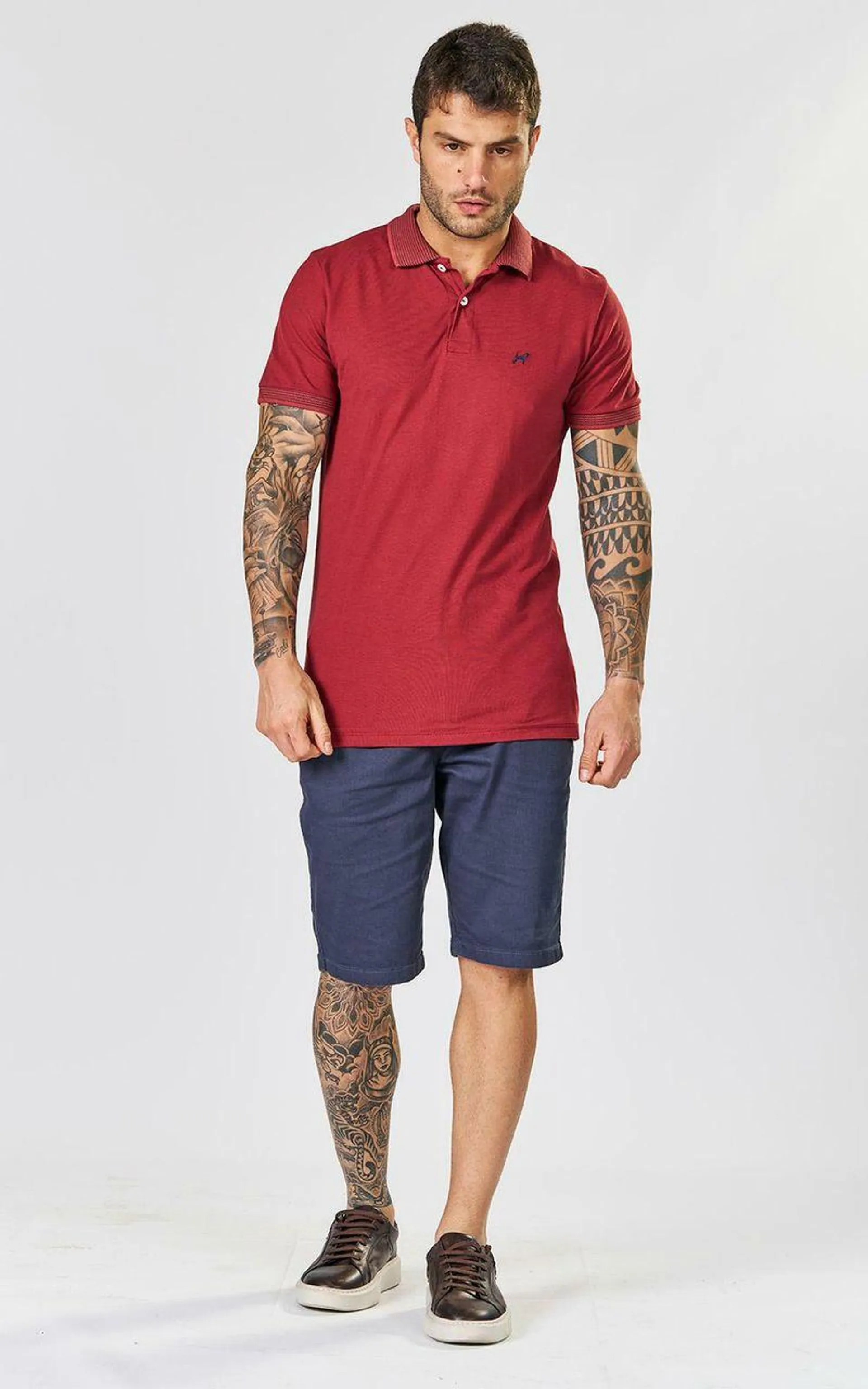 Polo básica manga curta gola jacquard masculina - MERLOT