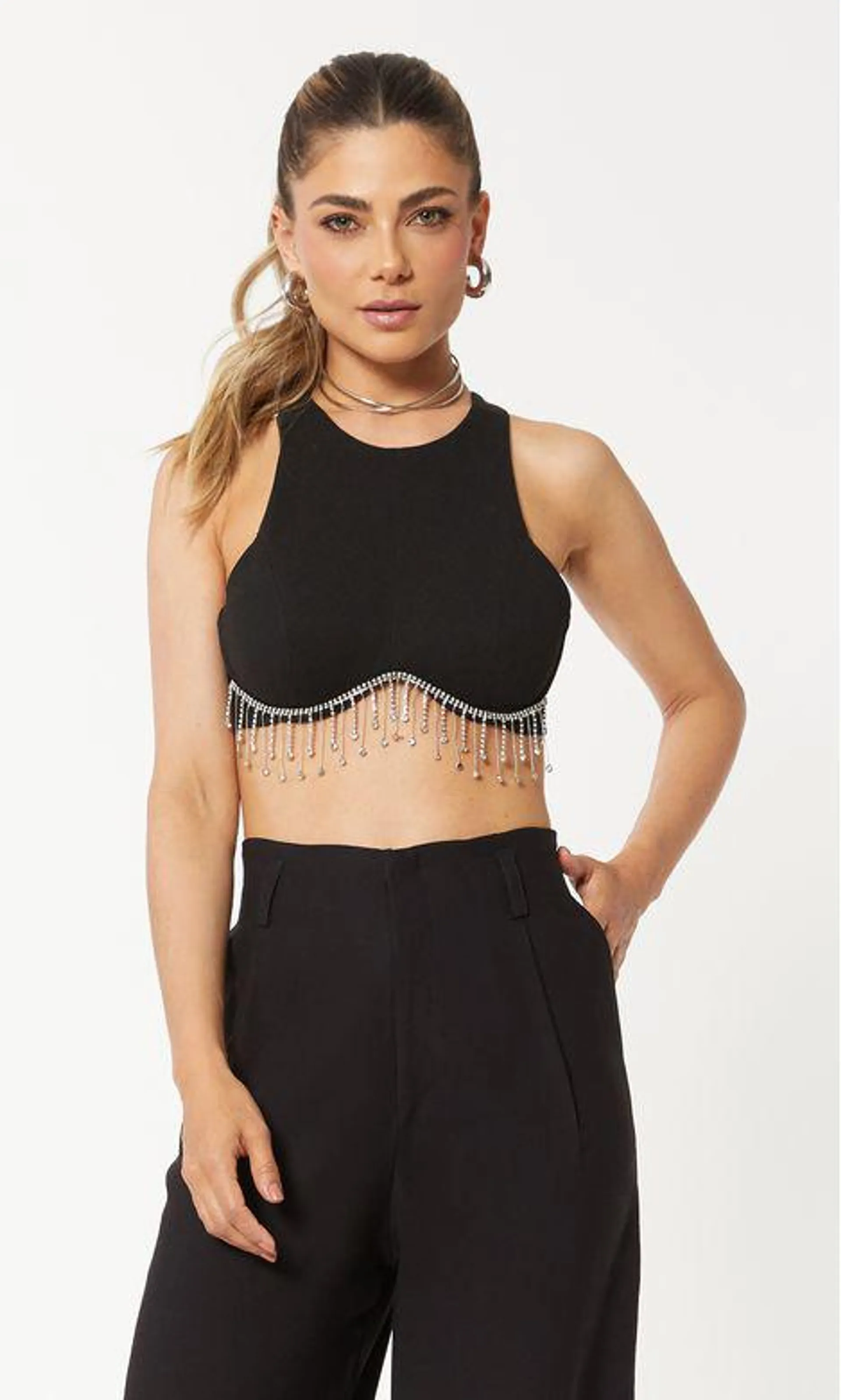 Cropped Malha Estruturada Aro Strass - Preto