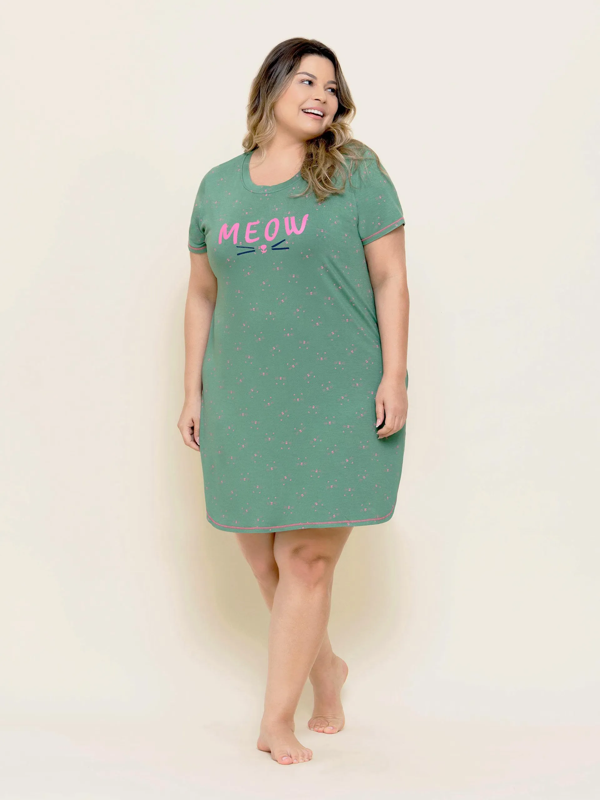 Camisola Plus Size Manga Curta Meow Green