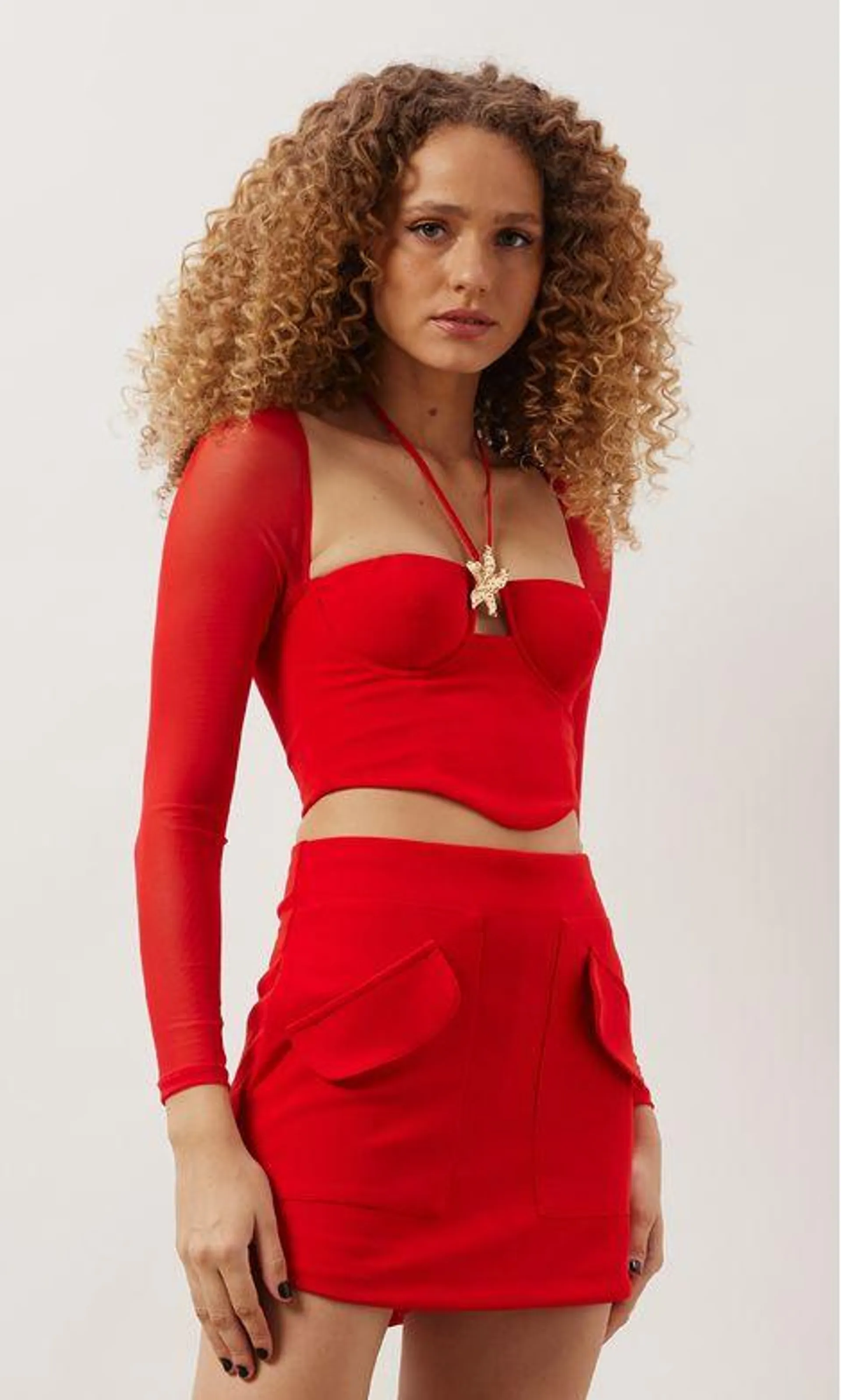 Cropped Corset Manga Tule - Vermelho