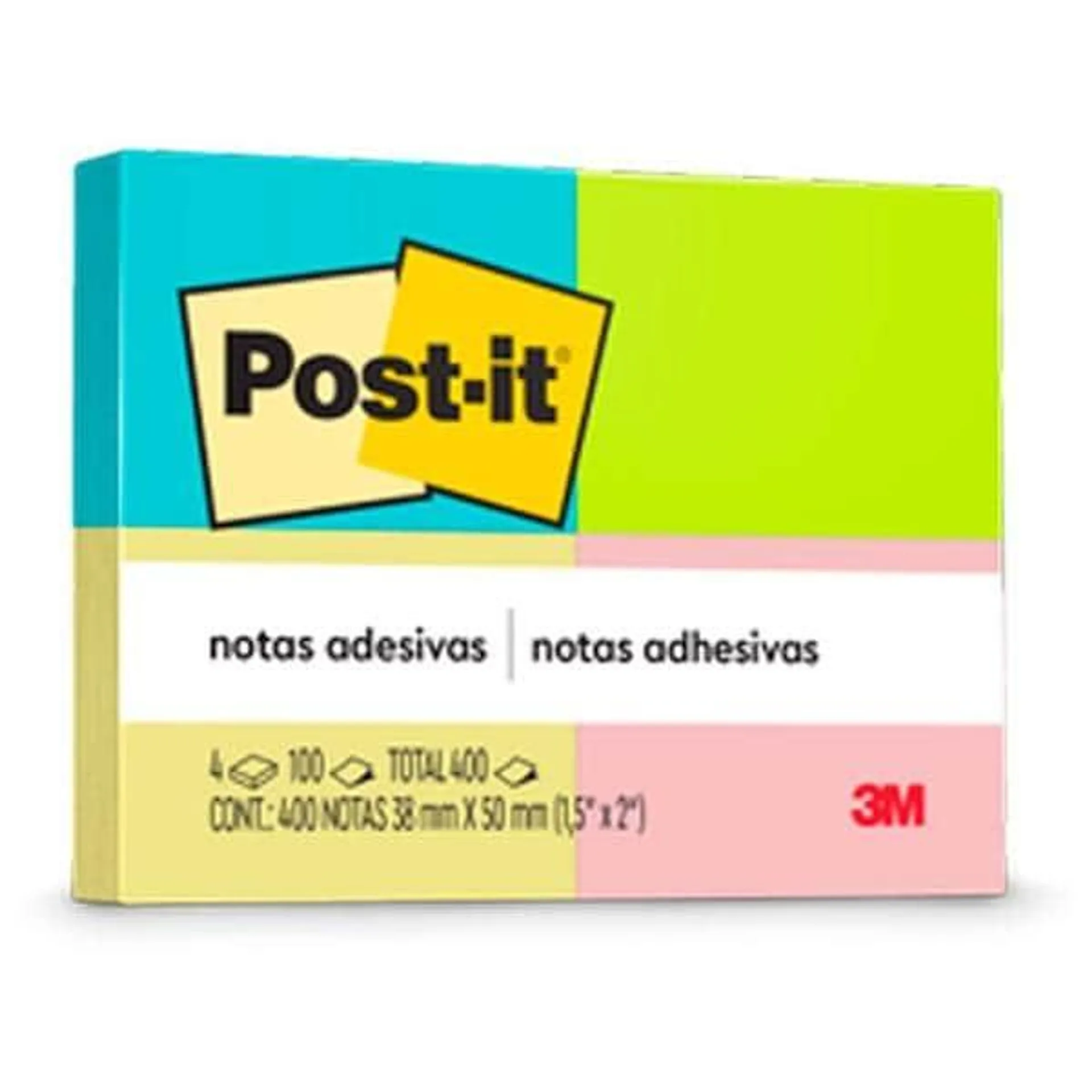 Bloco de notas adesivas, Post-it, 4 cores Neon, 38mm x 50mm, 4 unidades de 100 folhas cada (total de 400 folhas) PT 4 UN