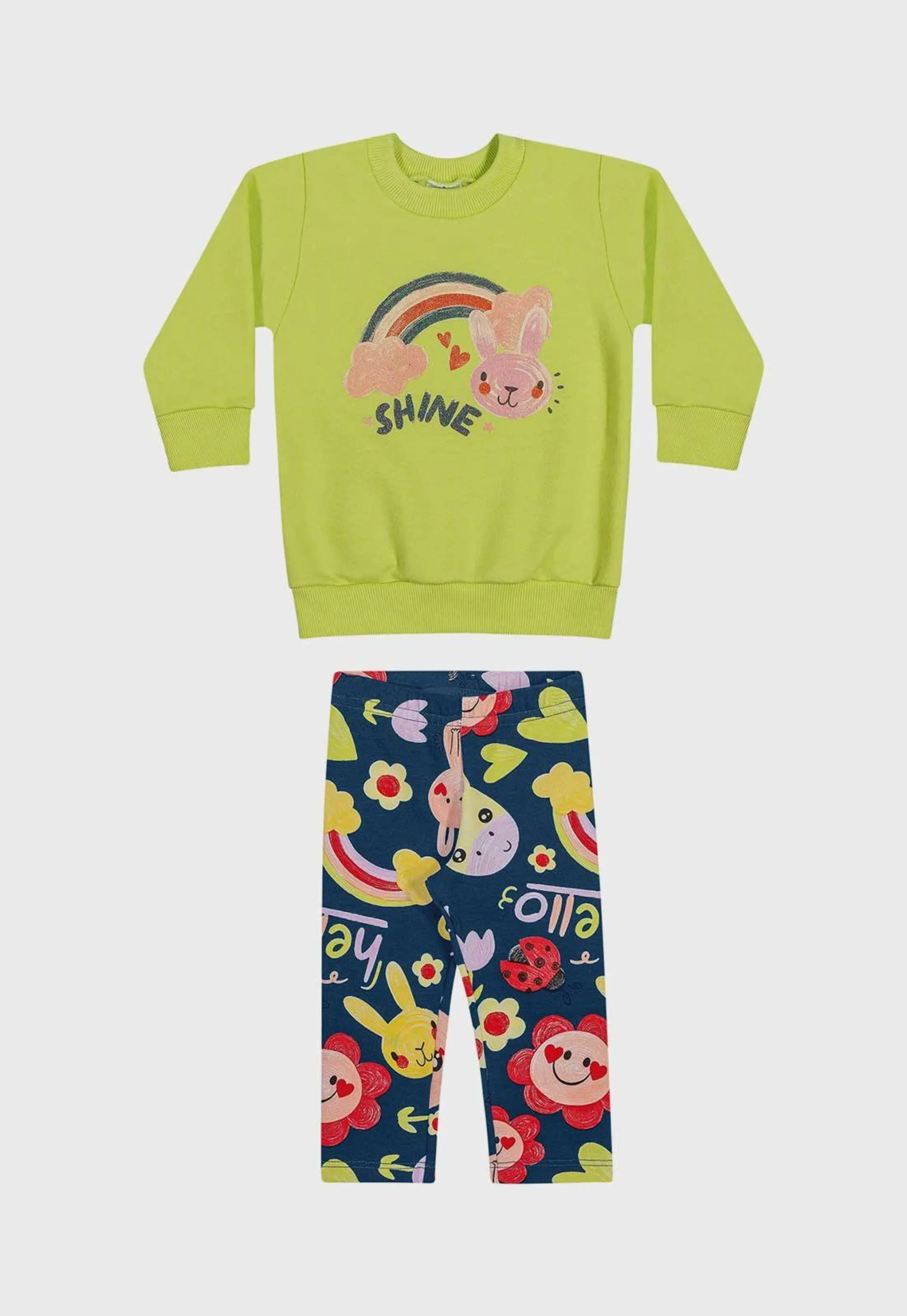 Conjunto Infantil 2pçs Manga Longa Elian Bunny Verde/Azul-Marinho