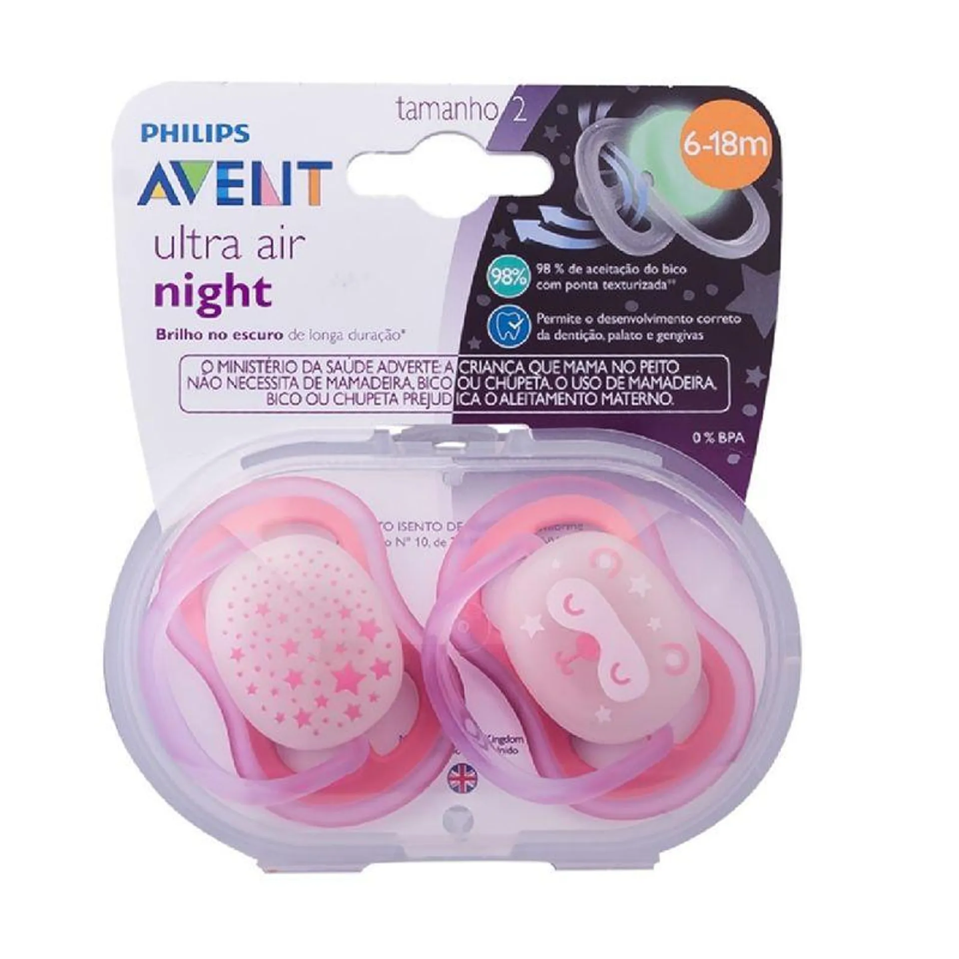 Chupeta Avent Ultra Air Night Rosa De 6 A 18 Meses Com 2 Unidades