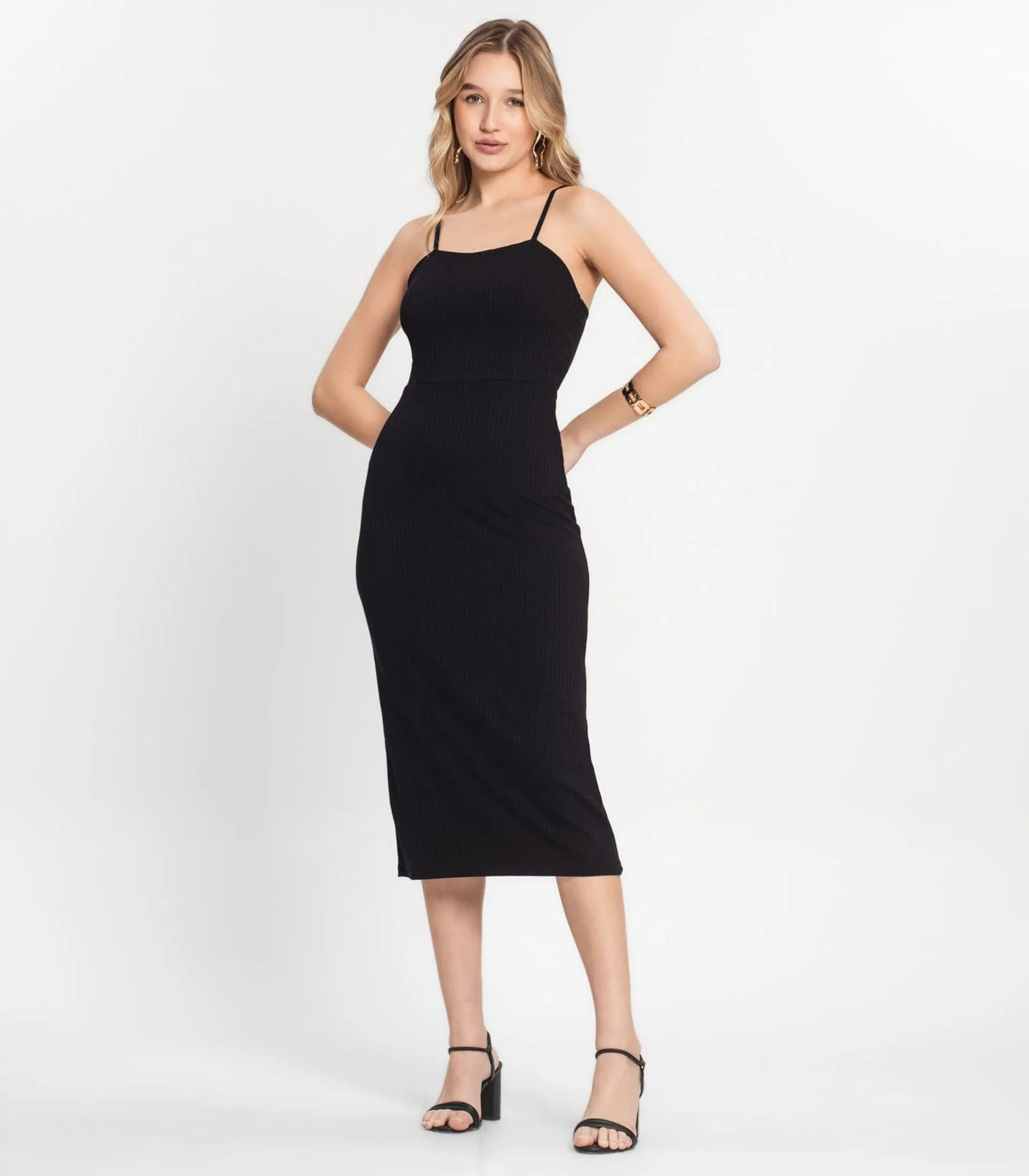 Vestido Midi Canelado Select Preto