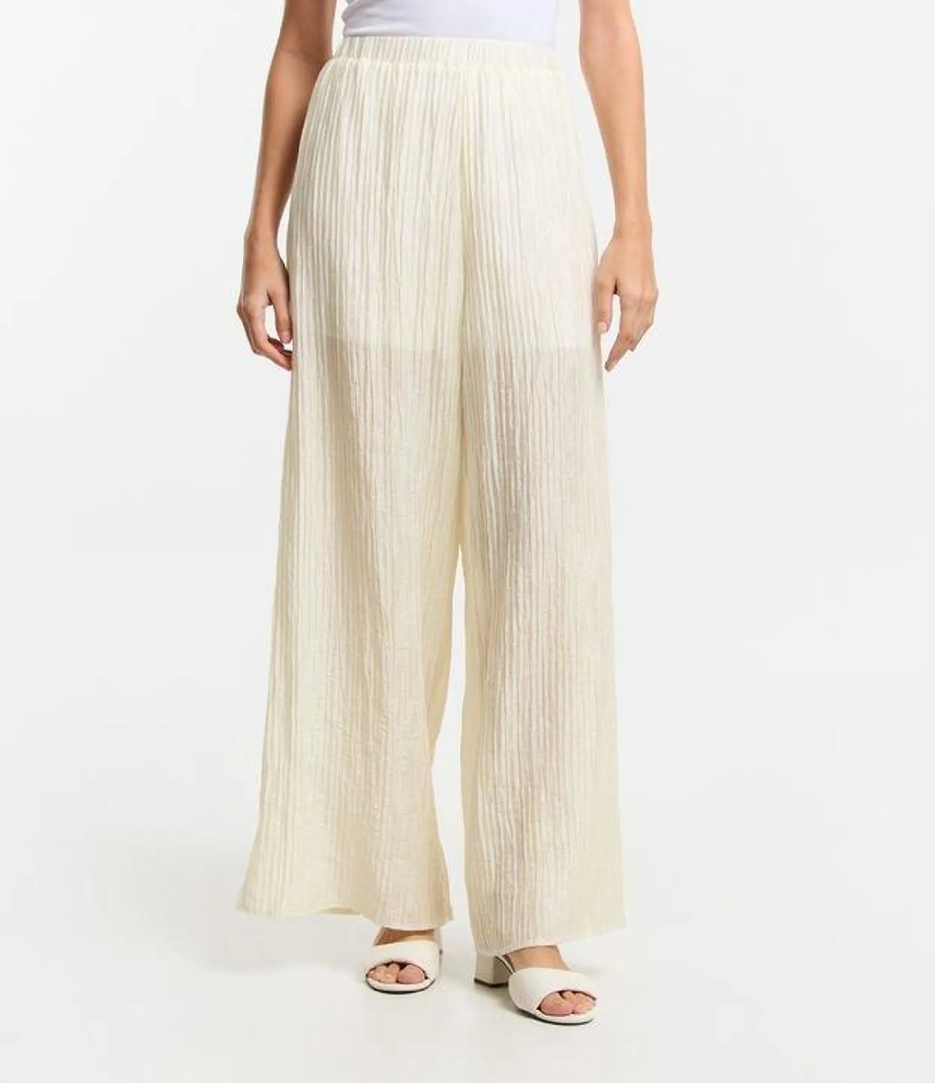 Calça Alfaiatada com Elástico na Cintura e Textura Plissada Off White