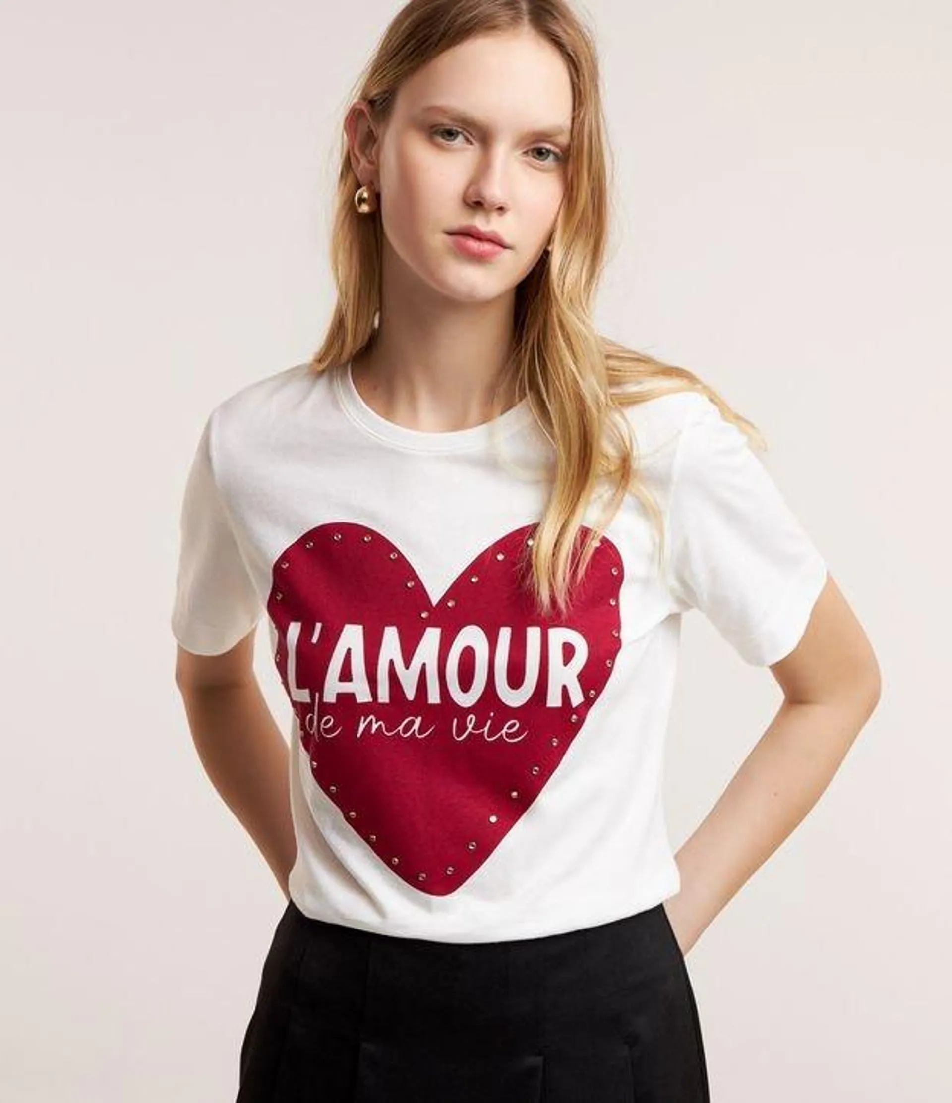 Blusa T-shirt em Algodão com Estampa Coração e Brilhos Aplicados Branco