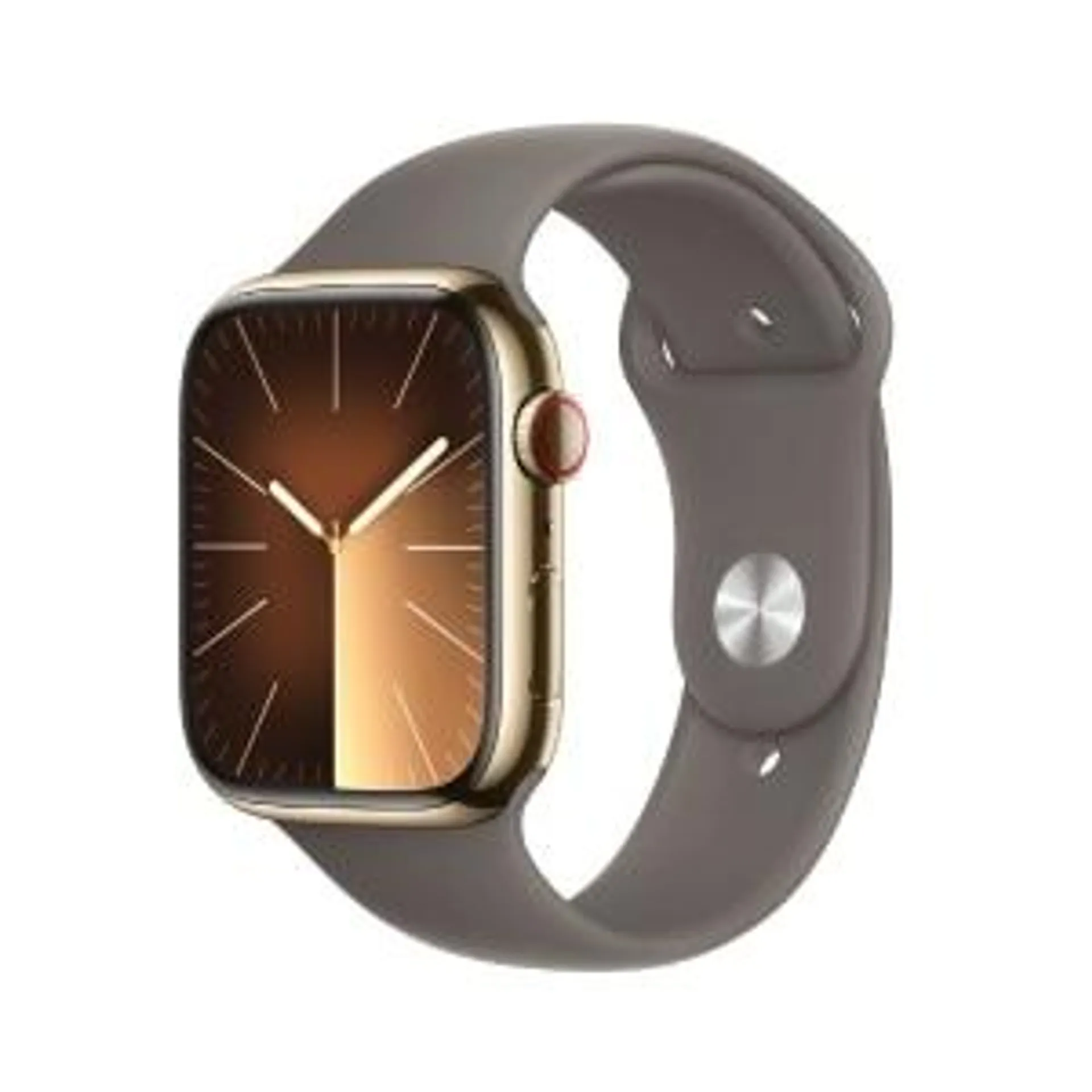 Apple Watch Series 9 GPS + Cellular • Caixa dourada de aço inoxidável – 45 mm • Pulseira esportiva argila – M/G