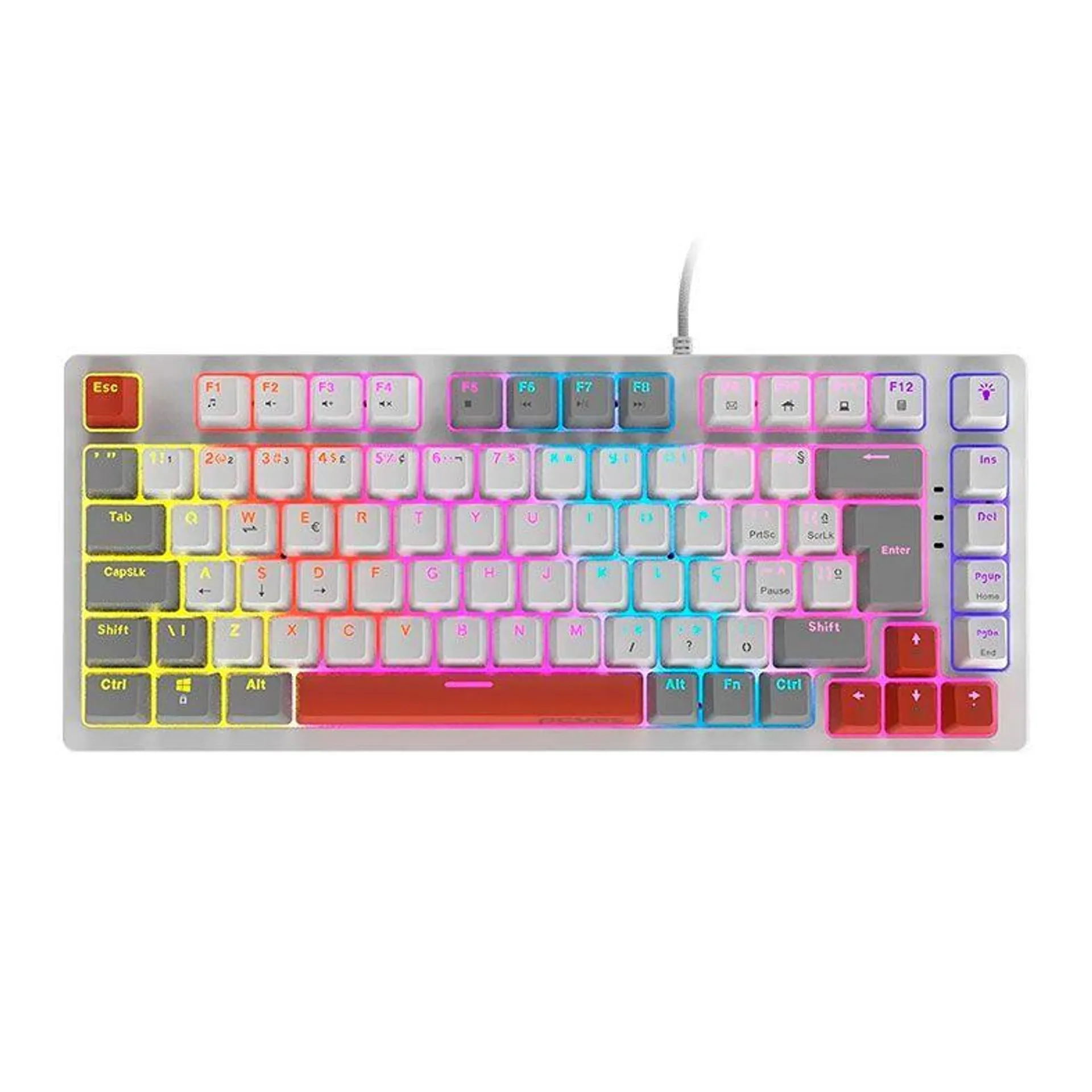 Teclado Mecanico Gamer PCYes Kirin White Ghost, 75%, Raimbow, ABNT2, Switch Blue, Branco e Vermelho, PTKRWG75BL