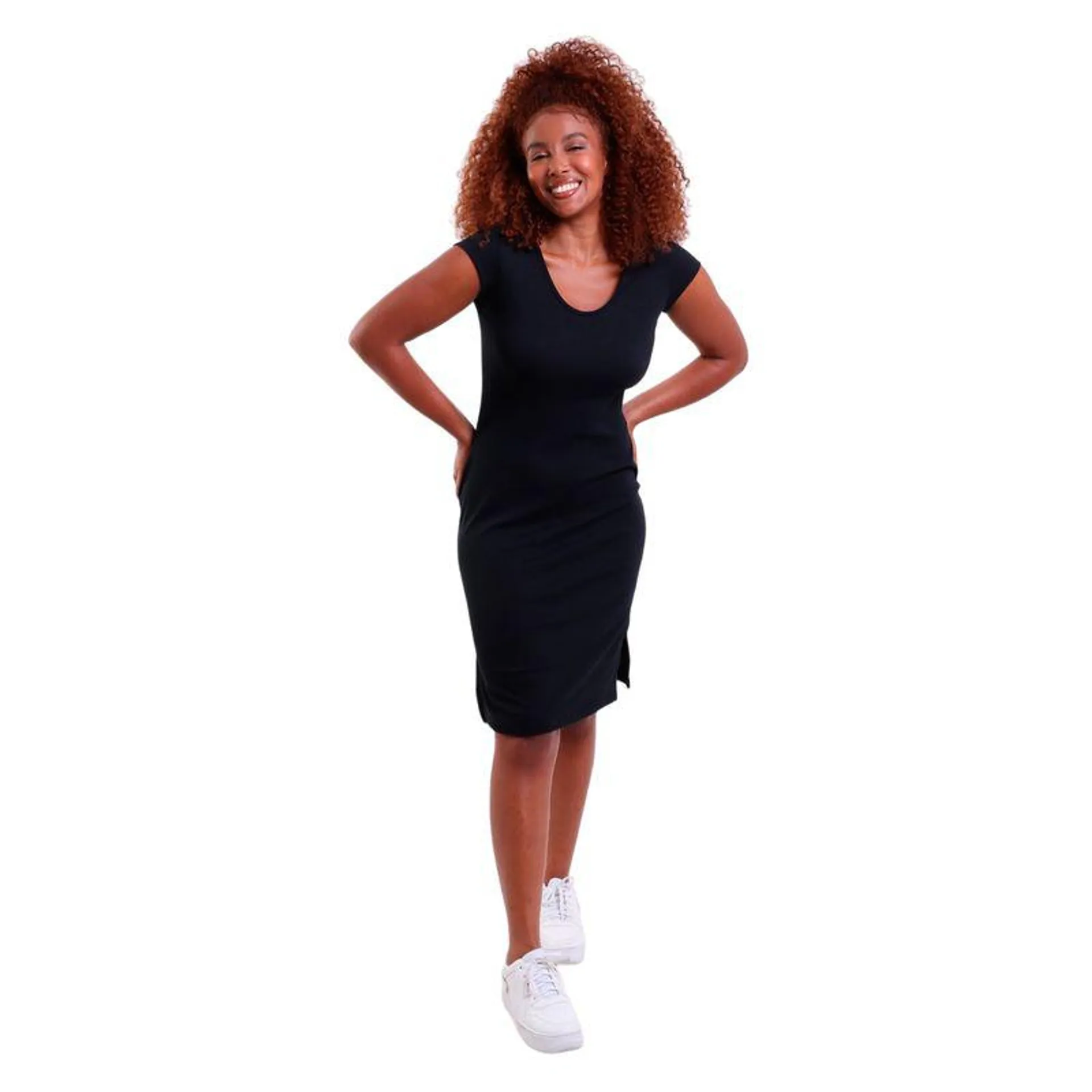 Vestido Midi Manga Curta Fendas Canelado Trendz Preto