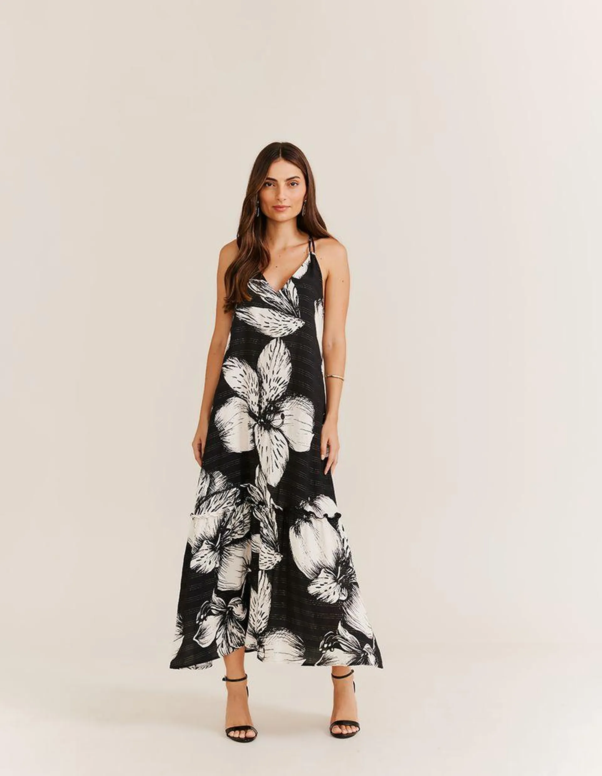 Vestido Midi Estampado Flores Com Lurex - Preto