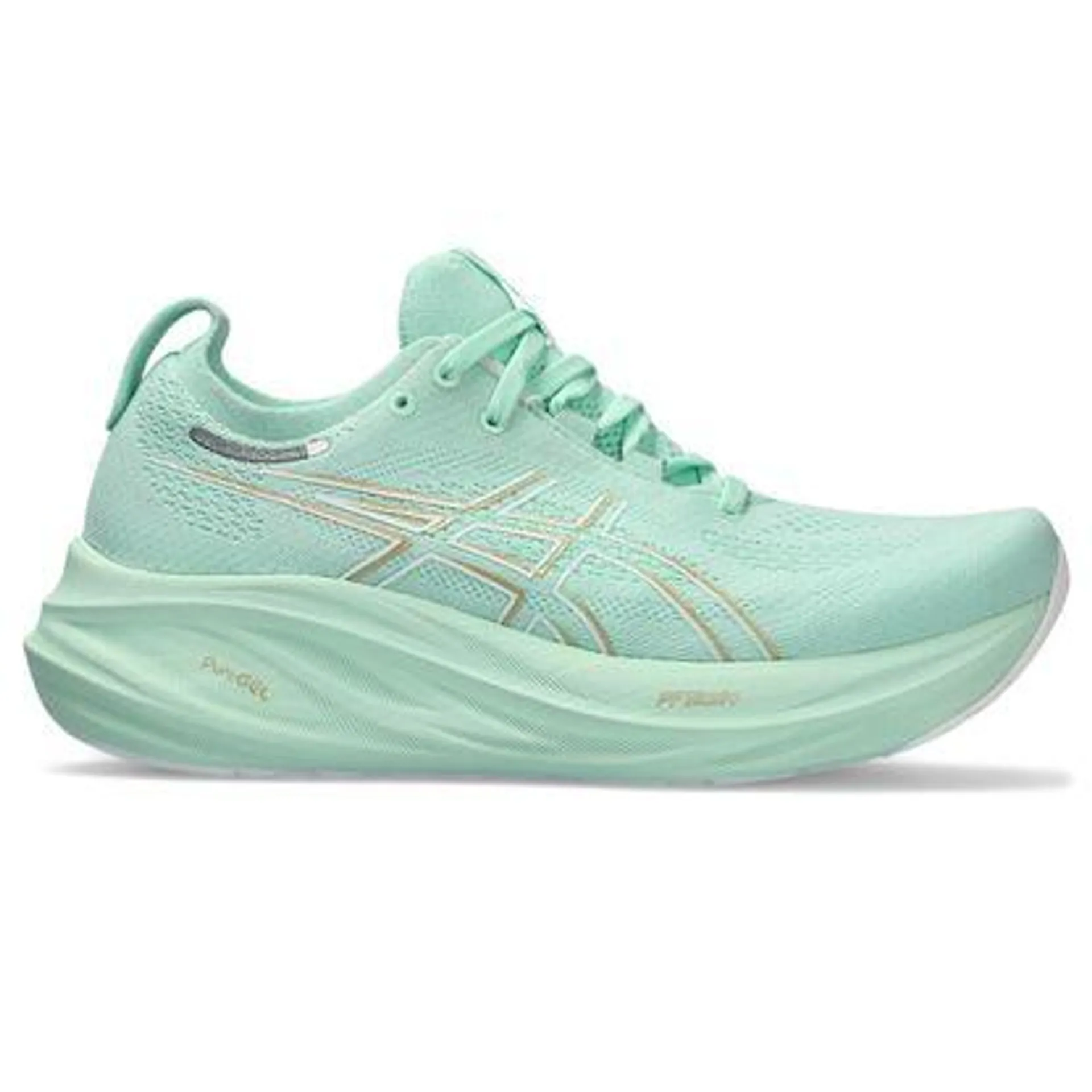 Tênis ASICS GEL-Nimbus 26 - Feminino - Verde com Branco e Dourado