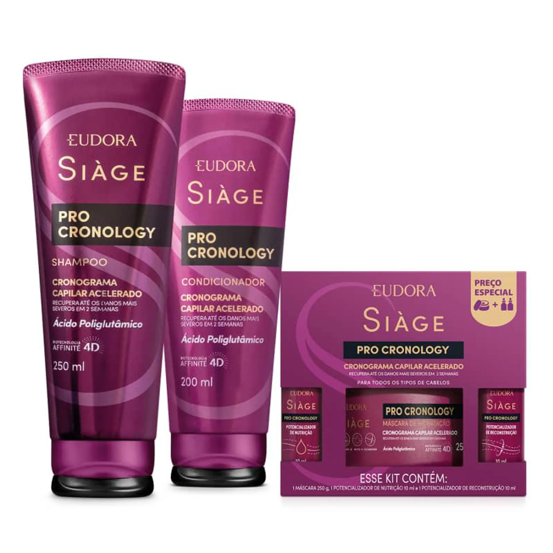 Combo Siàge Pro Cronology: Shampoo 250ml + Condicionador 200ml + Kit Cronograma Capilar Acelerado