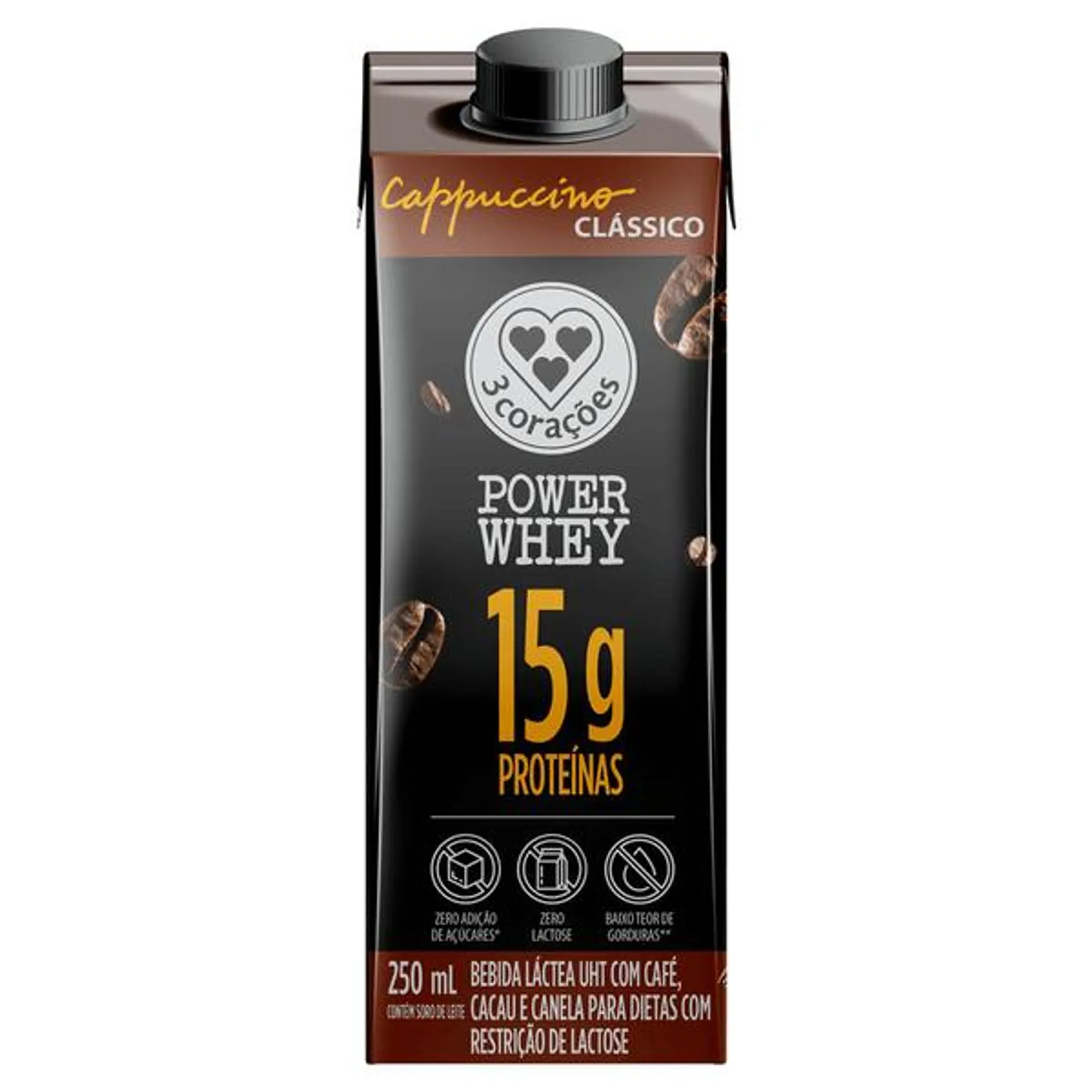 Bebida 3 Corações Cappuccino Power Whey Clássico 250ml