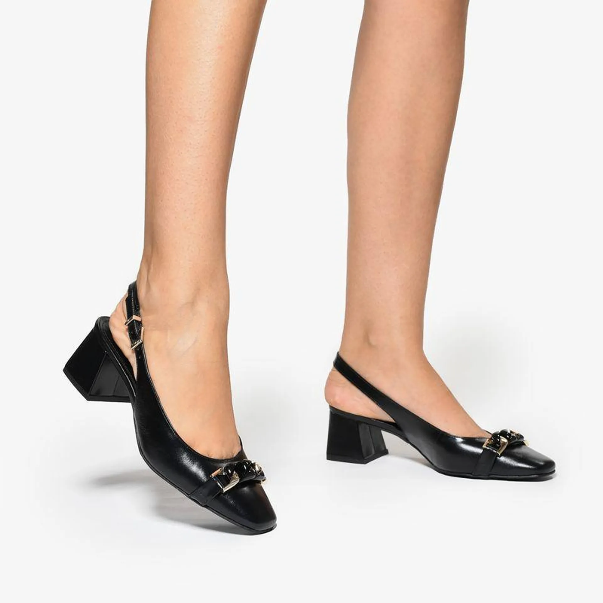 Slingback Preto Corrente Acrílico Salto Bloco Baixo Couro