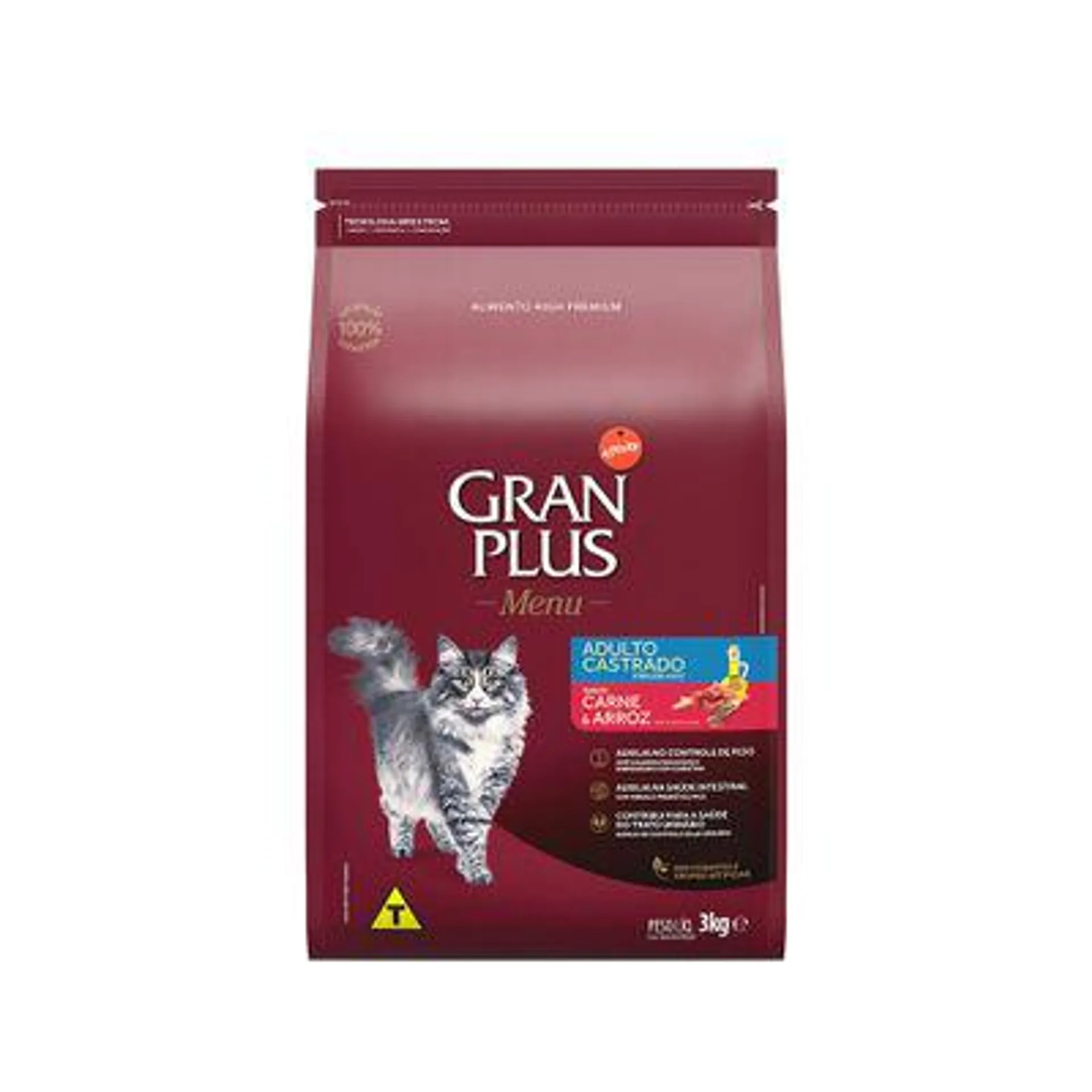 Ração GranPlus Menu Gatos Adultos Castrados Carne e Arroz 3 kg