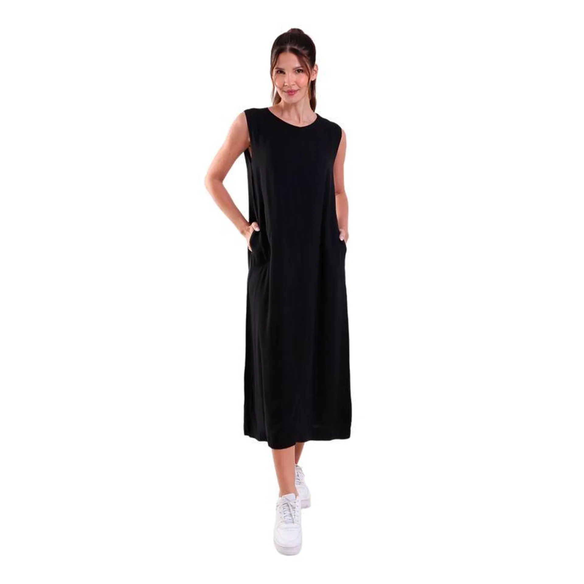 Vestido sem Manga com Botão Traseiro Heavy Twill Preto