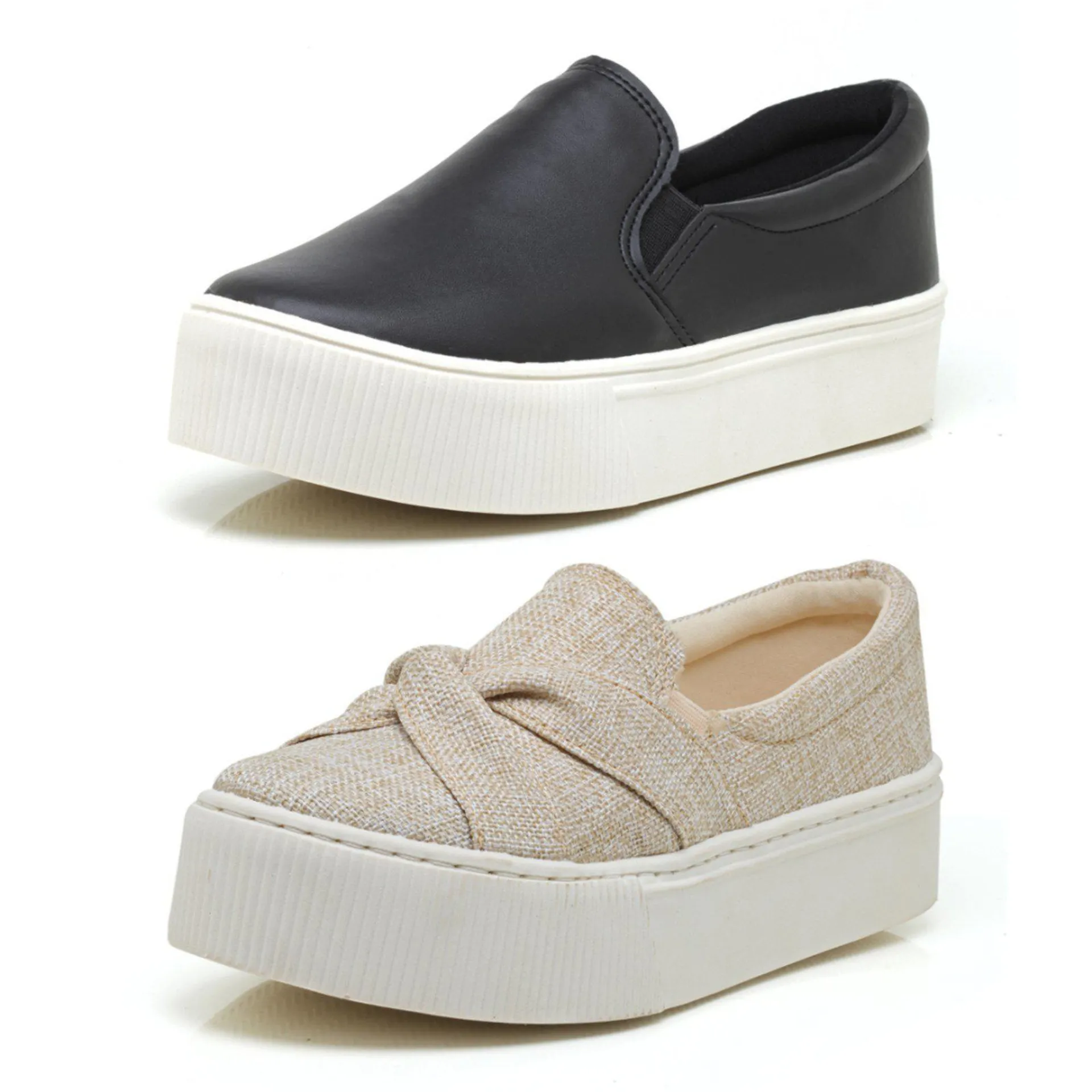 Kit 2 Pares Tênis Slip On Feminino Florim Brasil Plataforma Bege Laço e Preto
