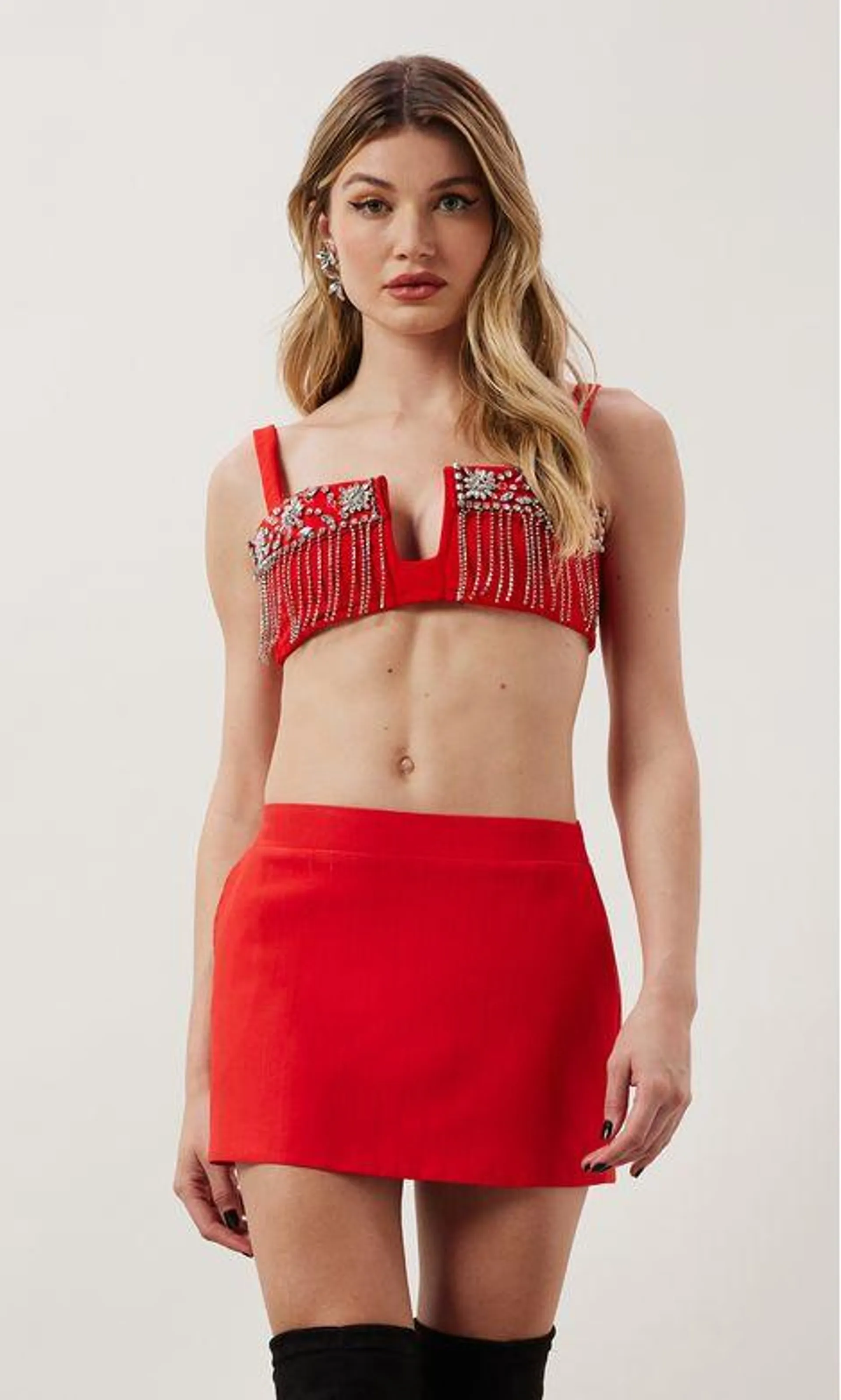 Top Cropped Bolso Bordado Strass - Vermelho