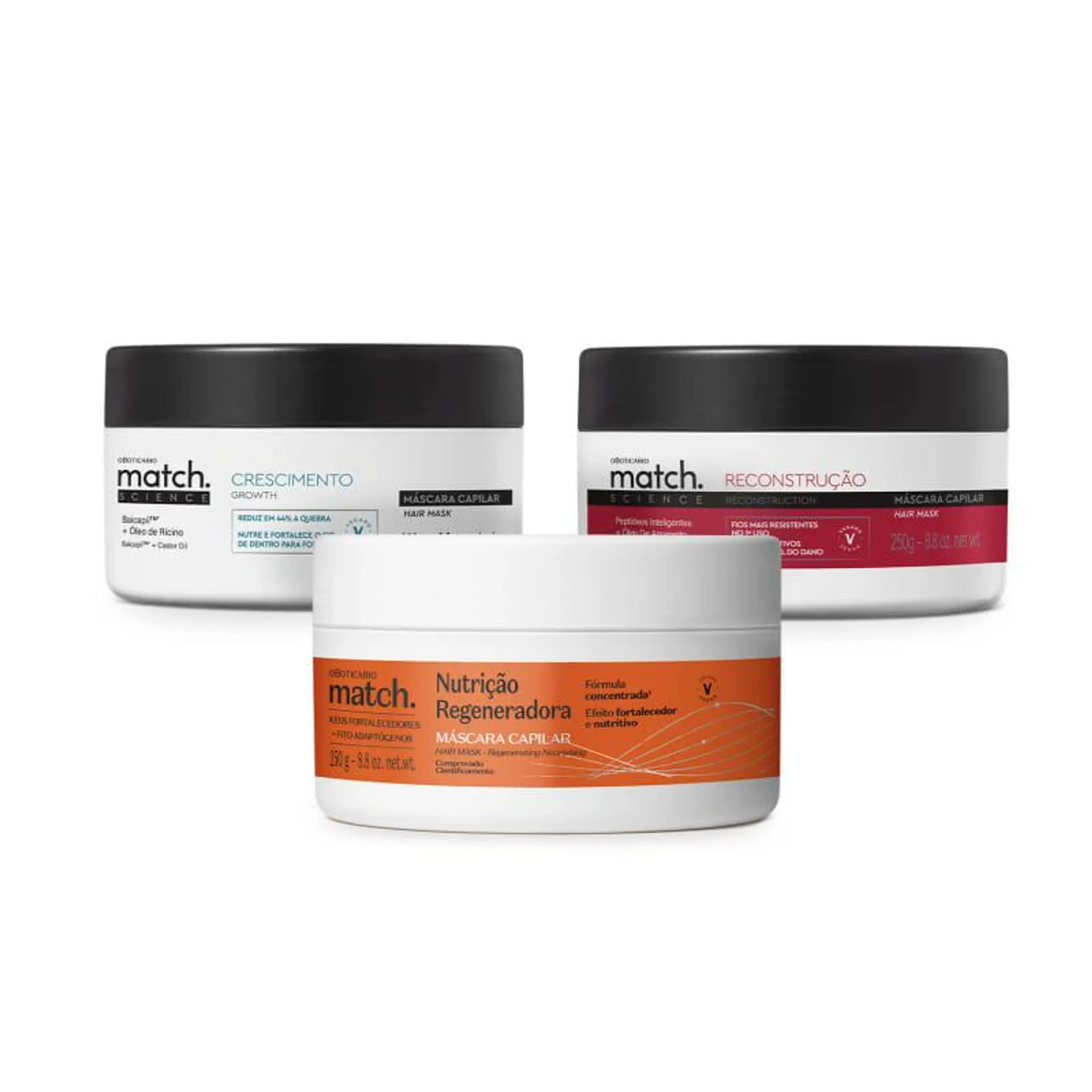 Combo Match Cronograma Capilar: Máscara Crescimento 250g + Máscara Nutrição 250g + Máscara Reconstrução 250g