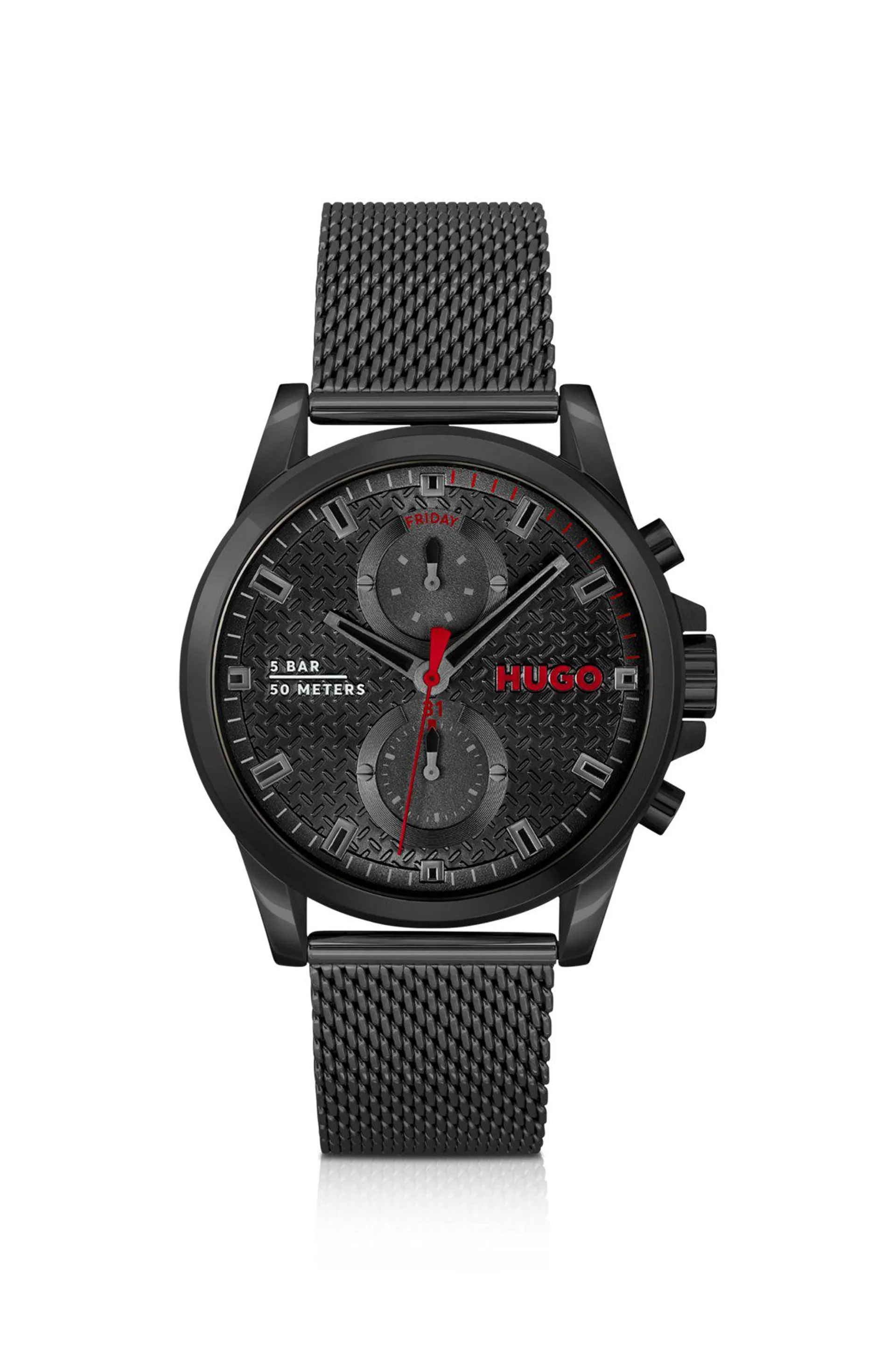 Black-plated watch with mesh bracelet