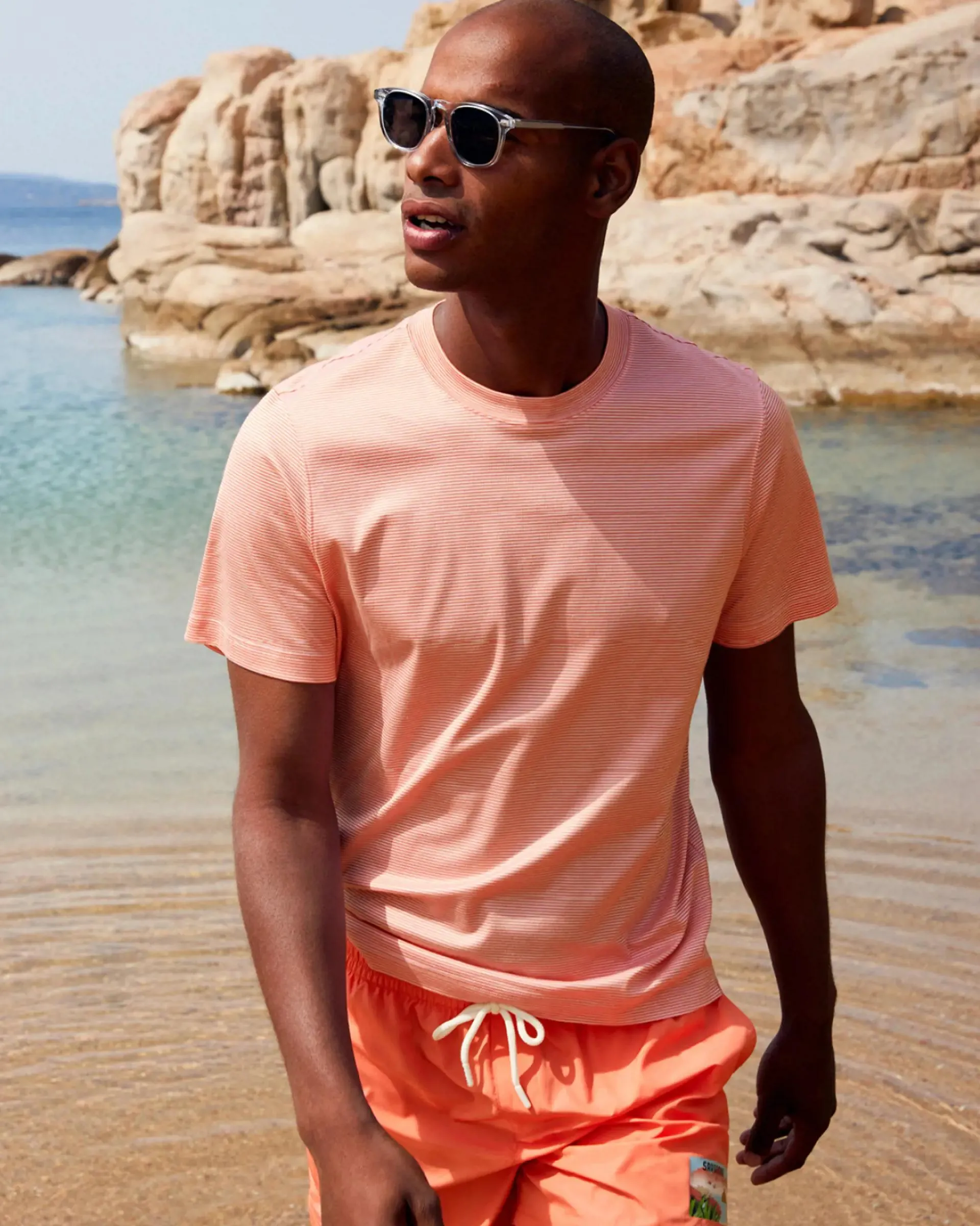 Orange Swim Shorts — Sardinian Postcard Print Detail
