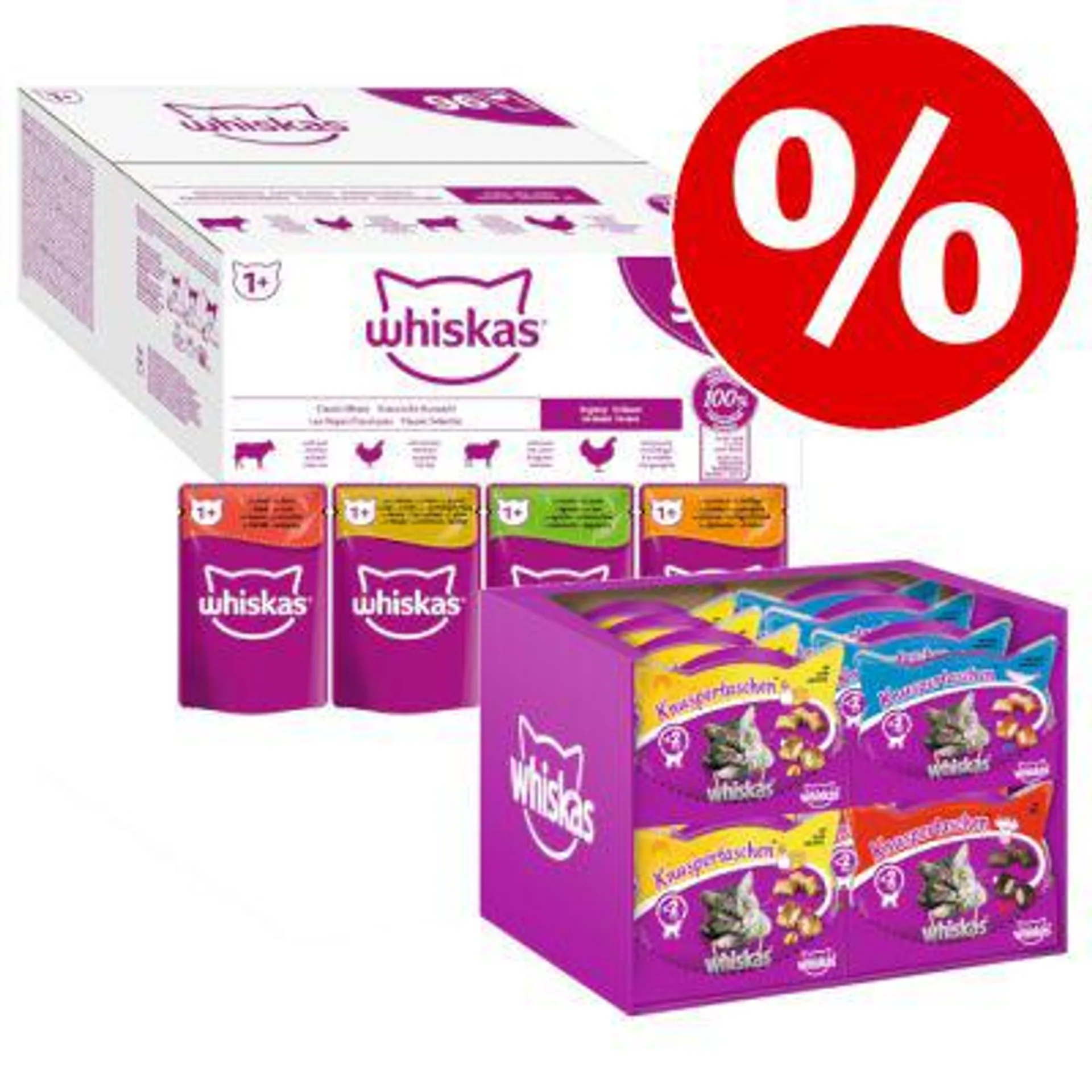 96 x 85 g Whiskas Nassfutter + 16 x 60 g Snack-Mix zum Sonderpreis!