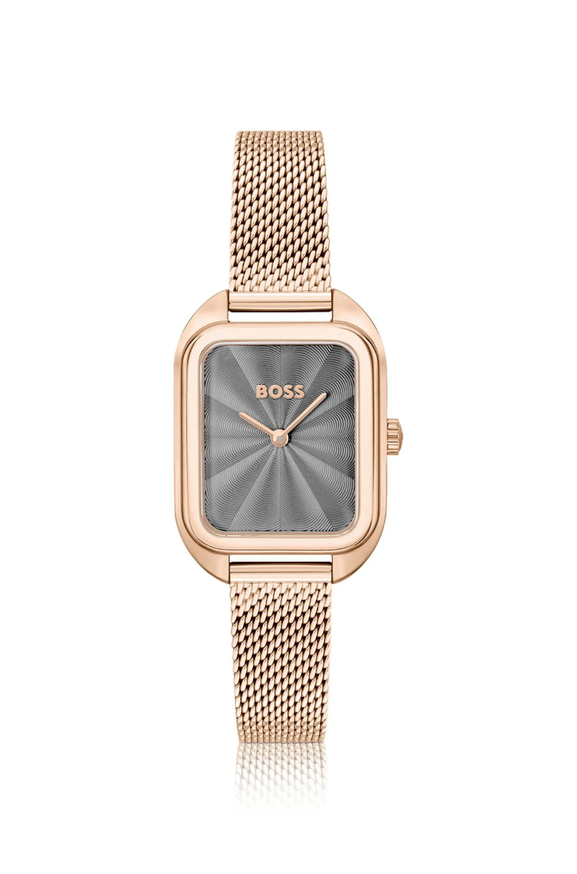 Gold-tone rectangular watch with mesh bracelet