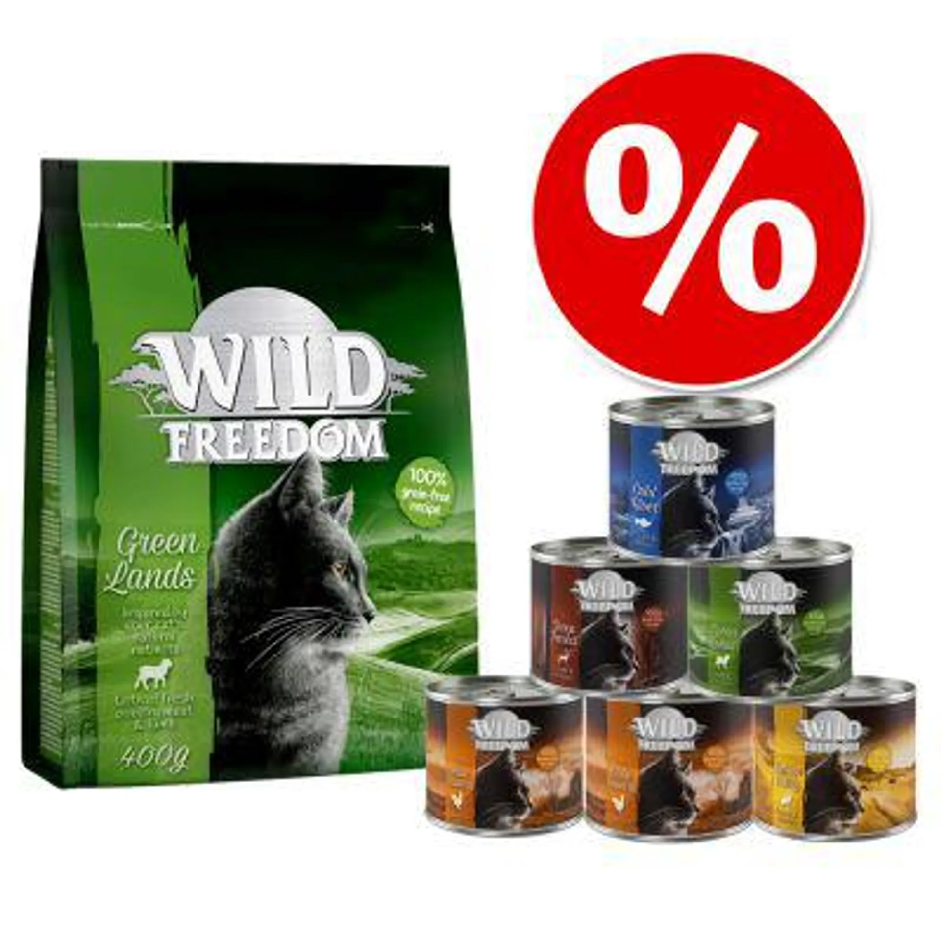 Wild Freedom Probierpaket: 400 g Trockenfutter + 6 x 200 / 70 g Nassfutter