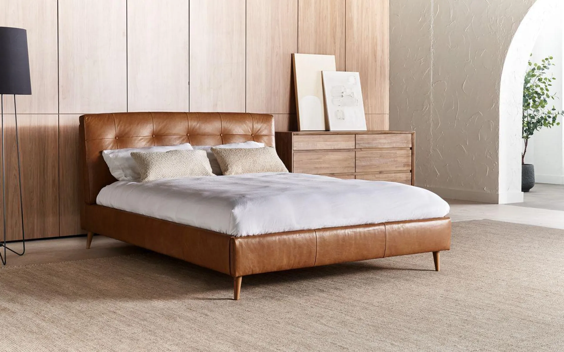 Luzzi queen bed frame in vintage leather tan