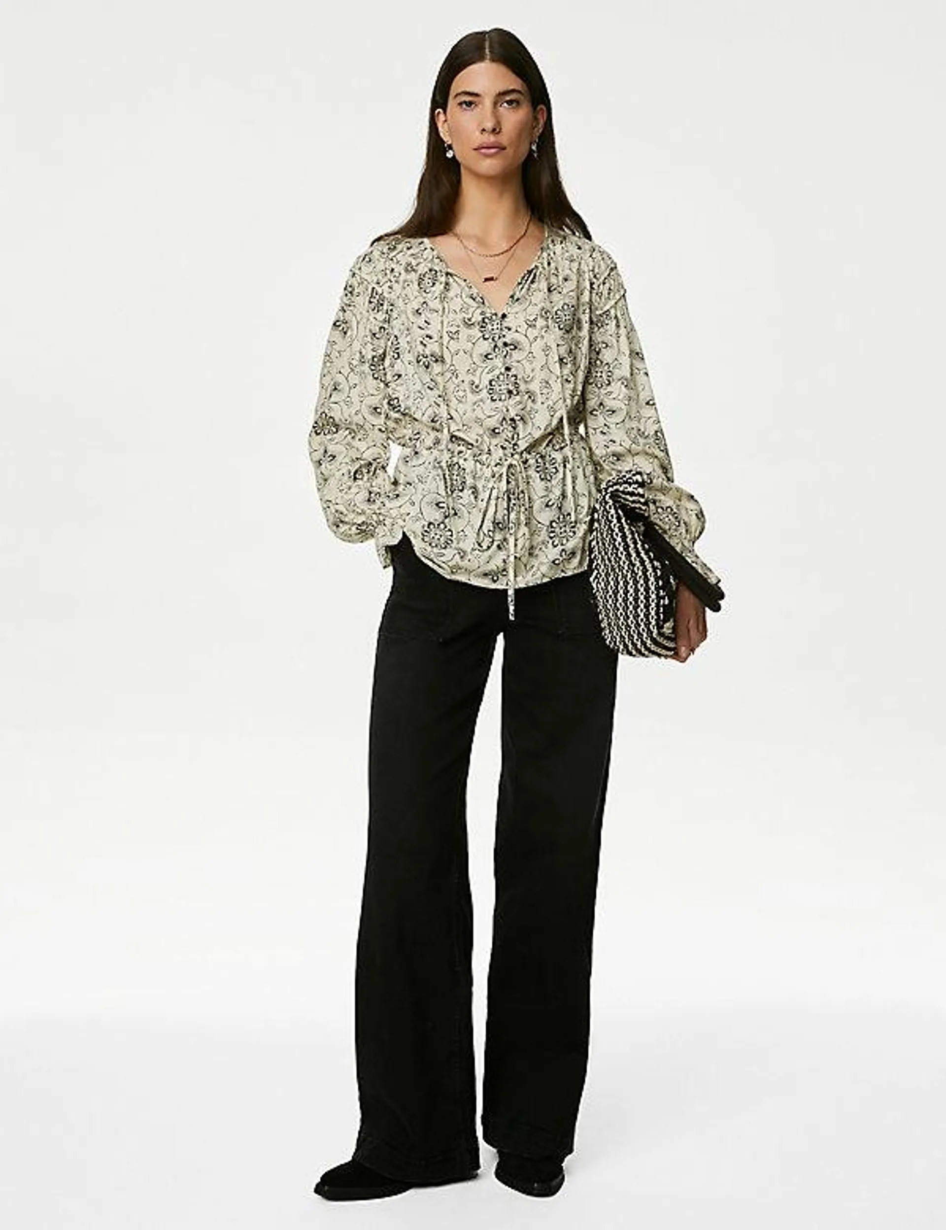Printed Shirred Tie Neck Blouse