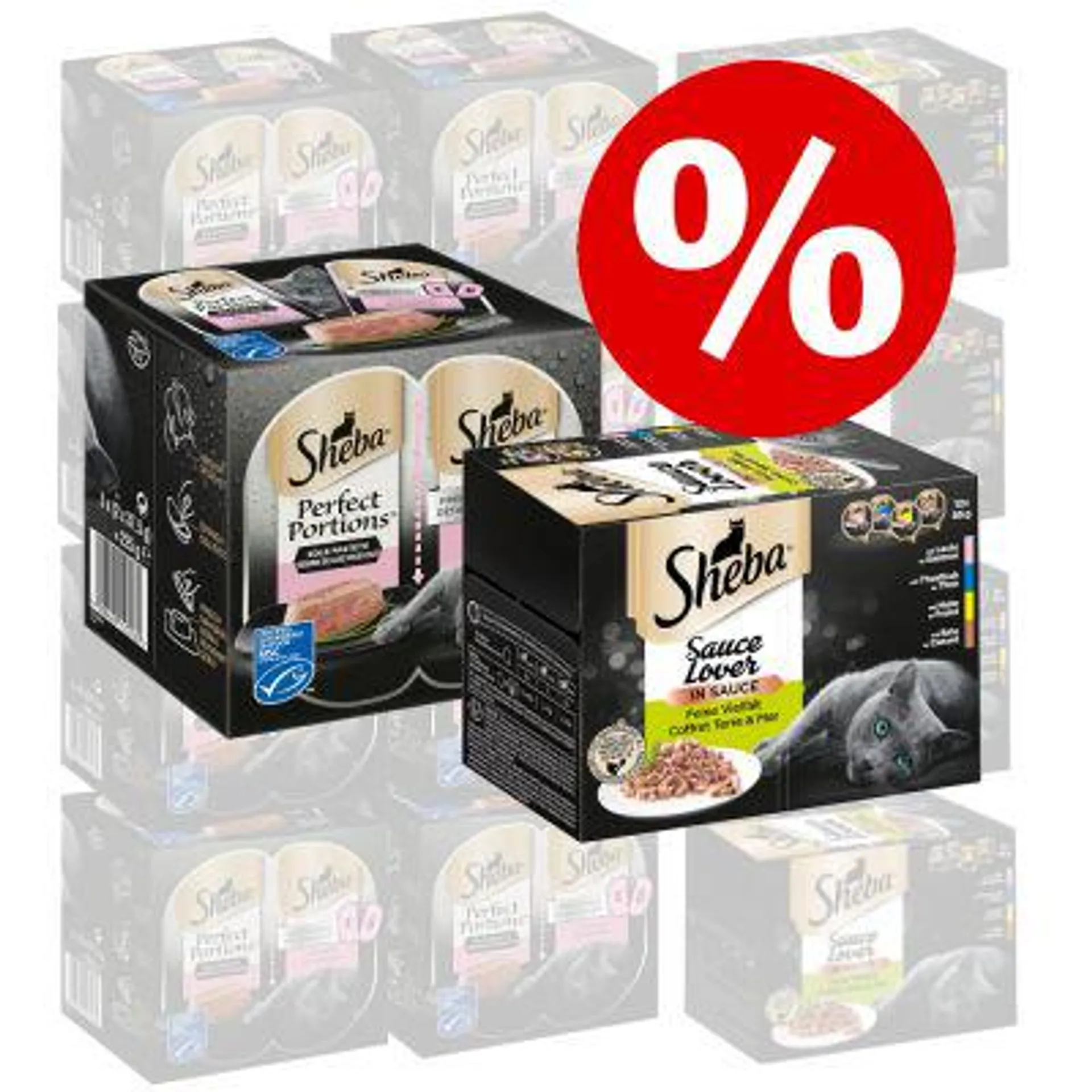 48 x 85 g Sheba Varietäten Schälchen + 48 x 37,5 g Perfect Portions Lachs zum Sonderpreis!