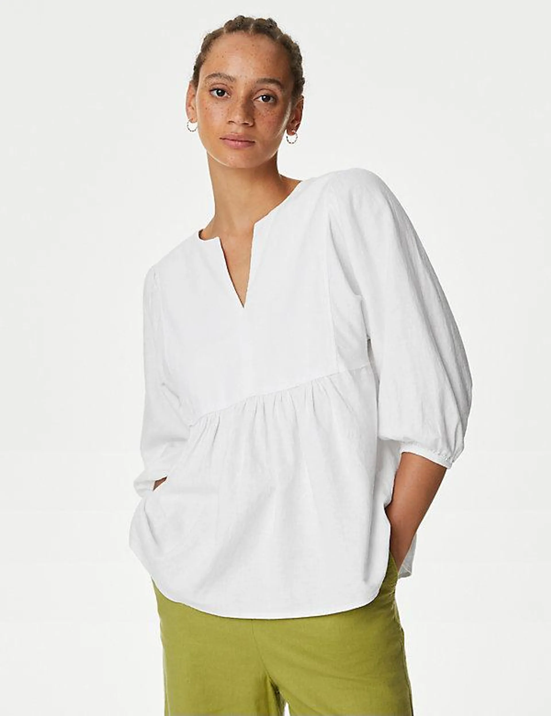 Linen Rich V-Neck Puff Sleeve Blouse